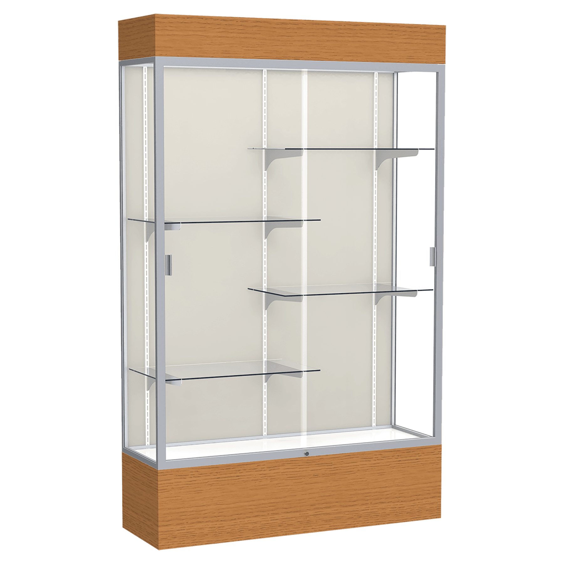 80"H x 48"W x 16"D Carmel Oak Finish, Plaque Fabric Back, Satin Natural Aluminum Frame, Lighted, Reliant Display Case