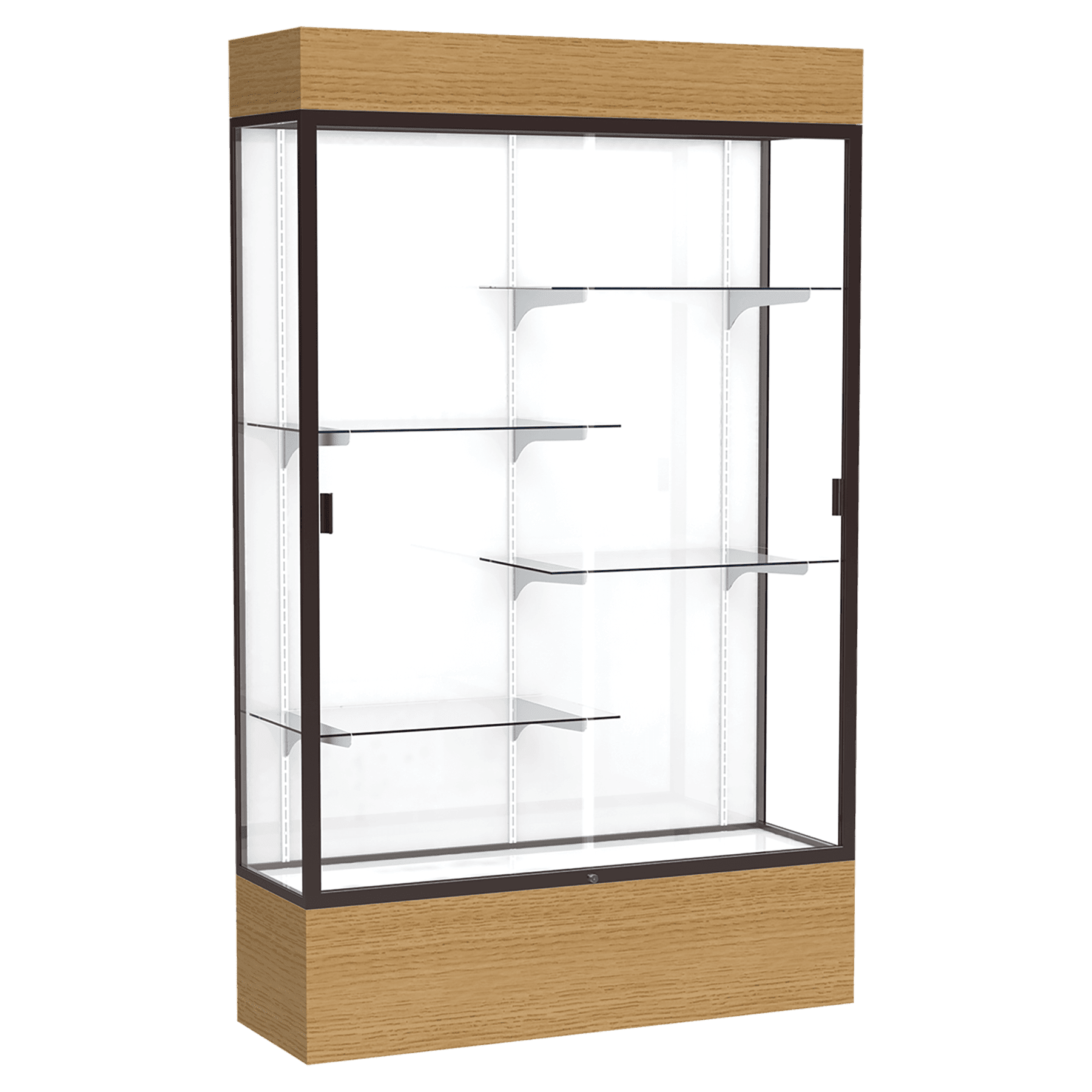 80"H x 48"W x 16"D Natural Oak Finish, White Laminate Back, Dark Bronze Aluminum Frame, Lighted, Reliant Display Case