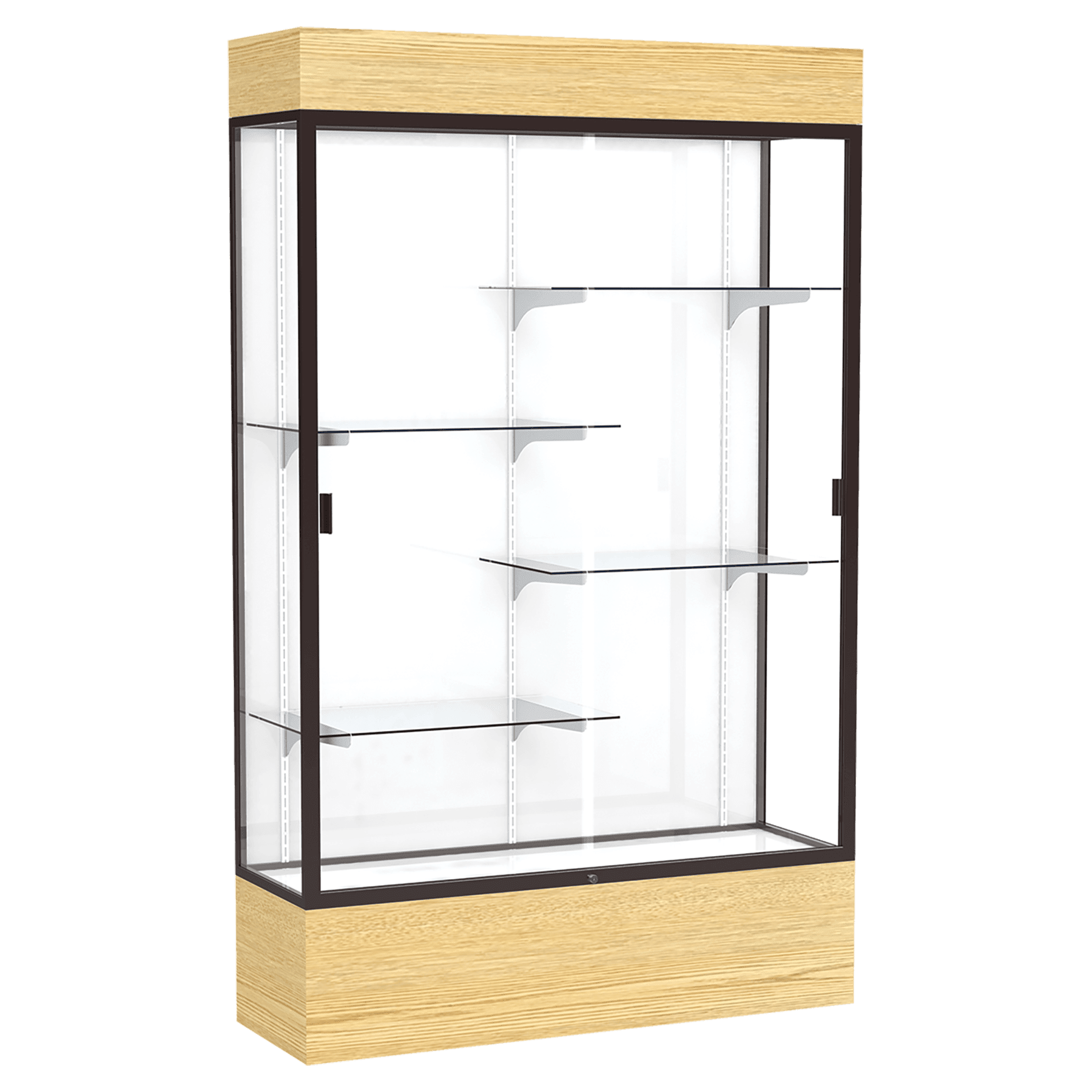 80"H x 48"W x 16"D Light Oak Vinyl Finish, White Laminate Back, Dark Bronze Aluminum Frame, Lighted, Reliant Display Case
