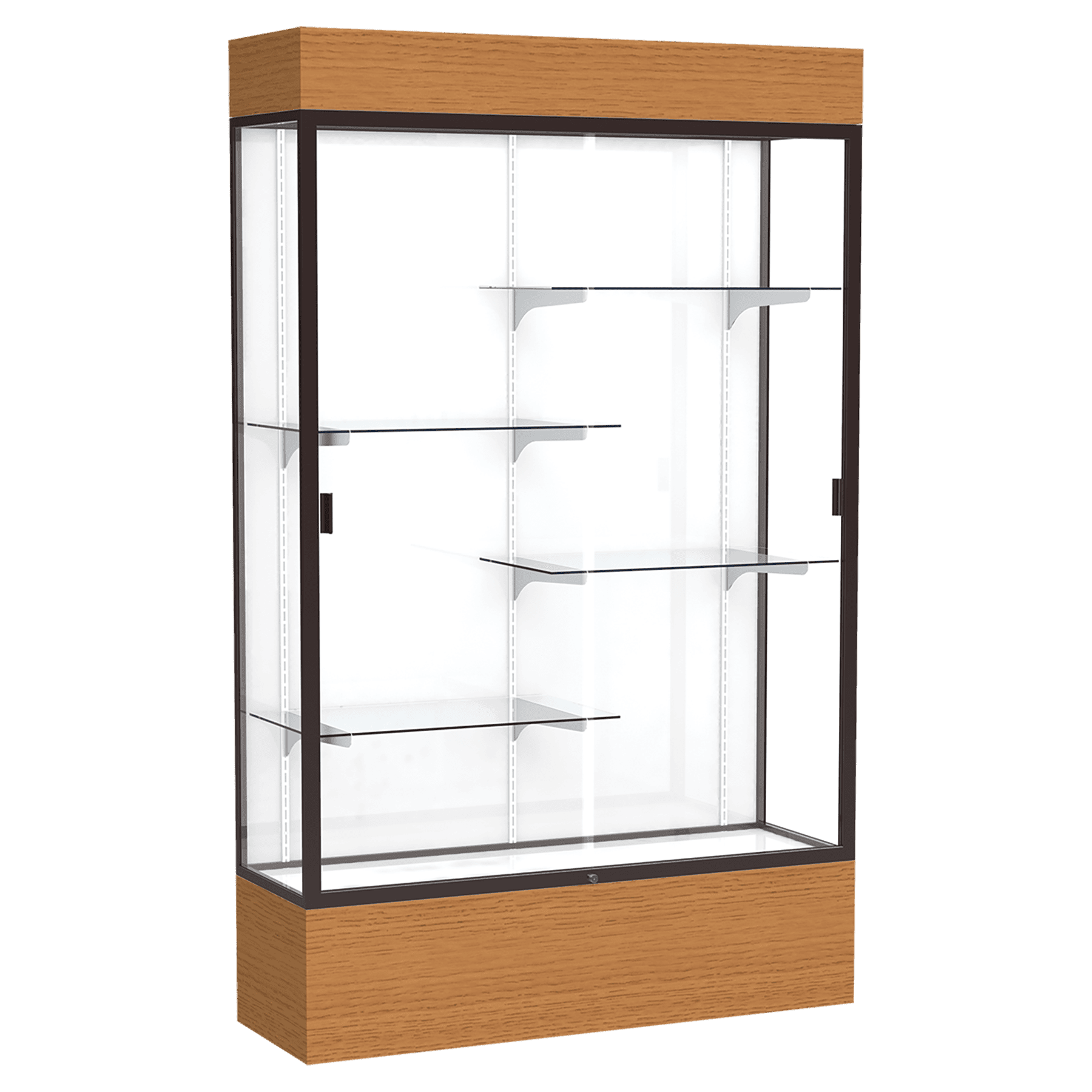 80"H x 48"W x 16"D Carmel Oak Finish, White Laminate Back, Dark Bronze Aluminum Frame, Lighted, Reliant Display Case