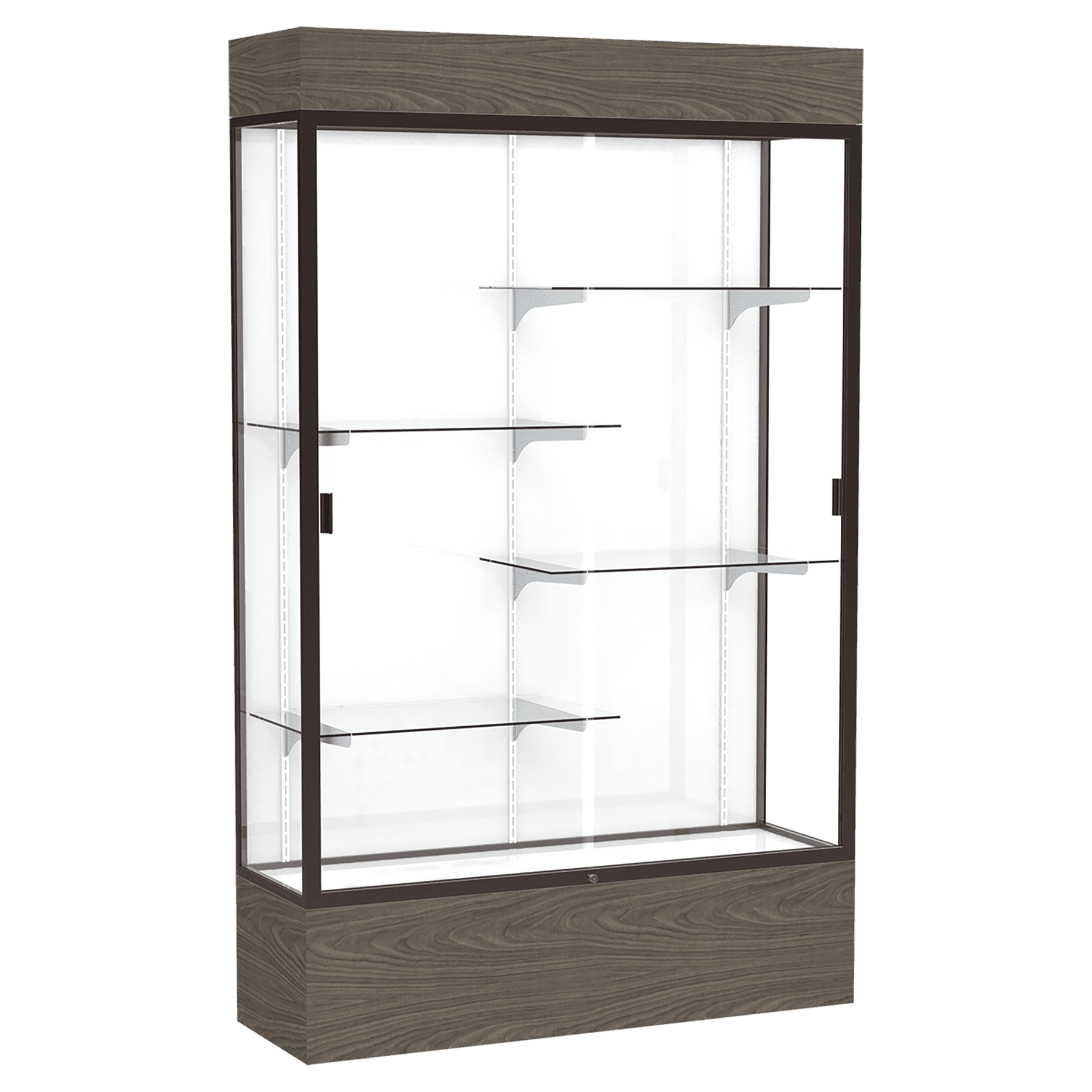 80"H x 48"W x 16"D Walnut Vinyl Finish, White Laminate Back, Dark Bronze Aluminum Frame, Lighted, Reliant Display Case