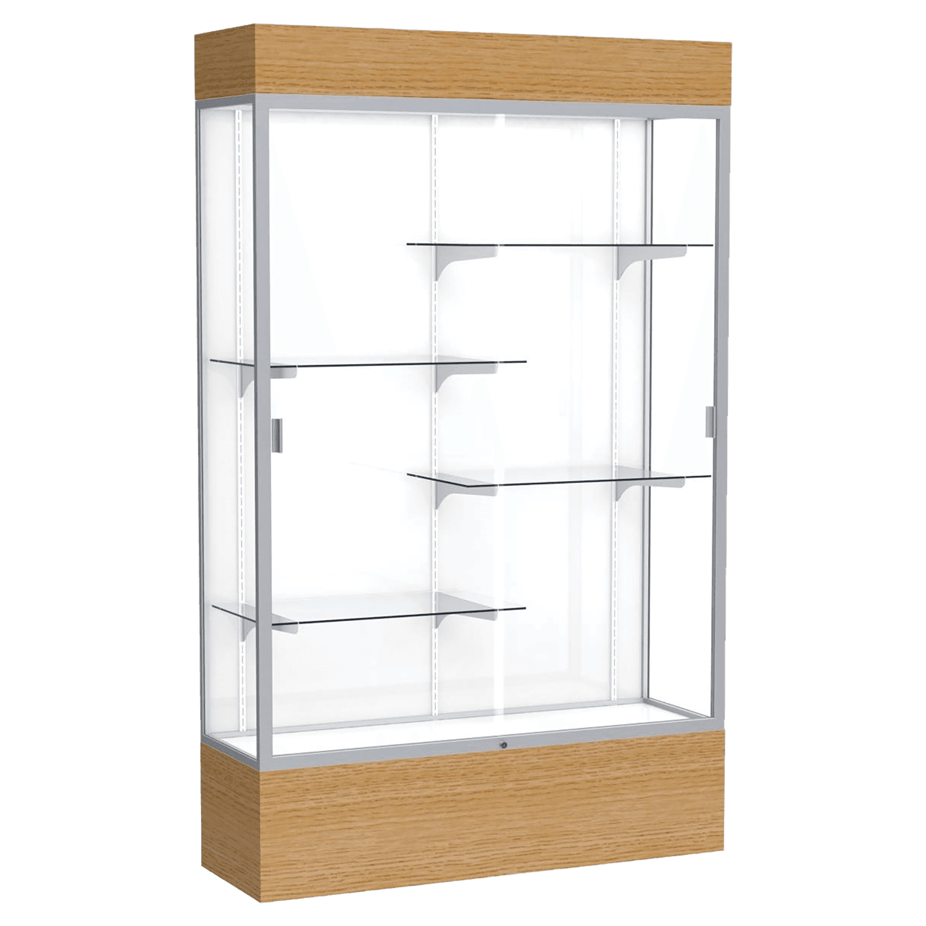 80"H x 48"W x 16"D Natural Oak Finish, White Laminate Back, Satin Natural Aluminum Frame, Lighted, Reliant Display Case