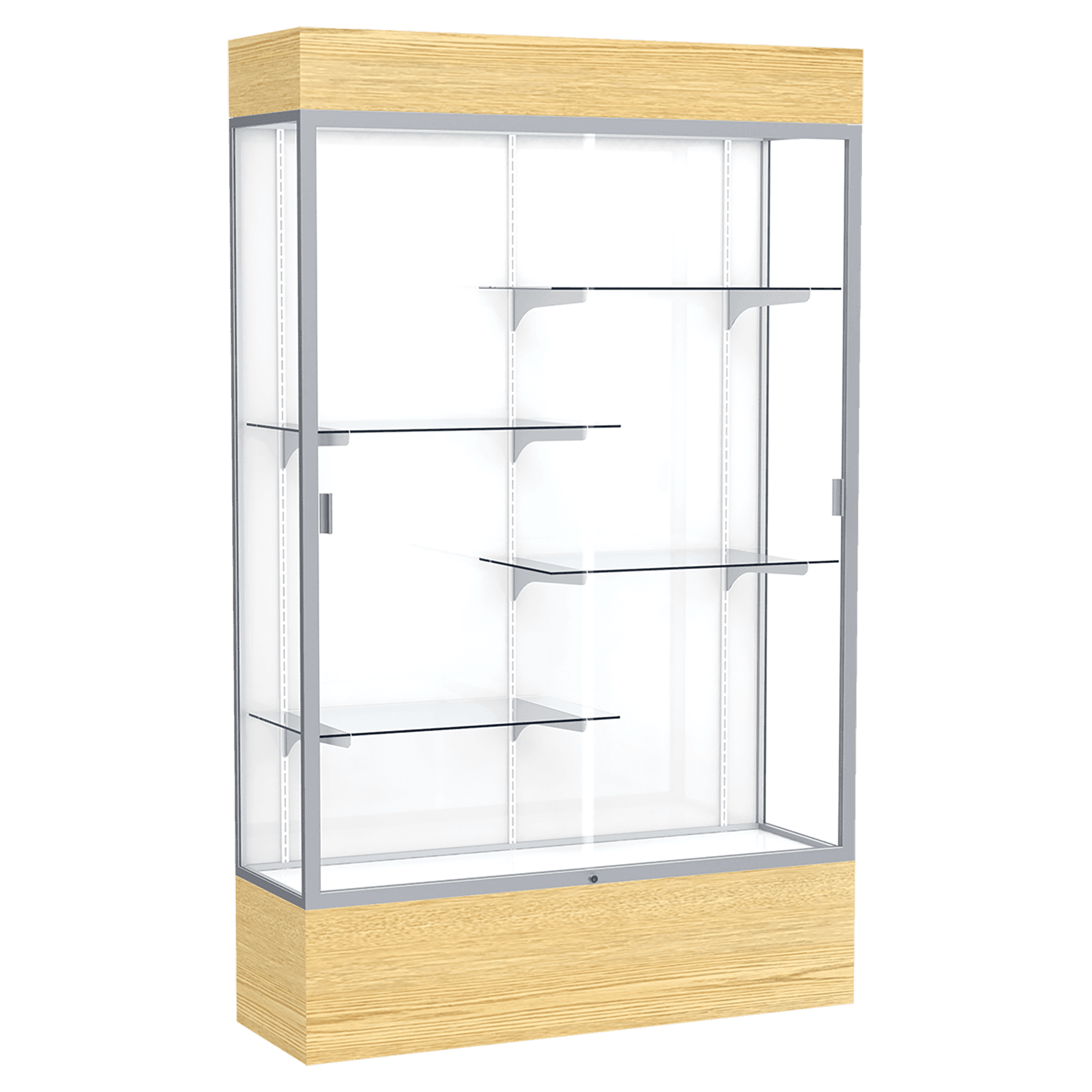 80"H x 48"W x 16"D Light Oak Vinyl Finish, White Laminate Back, Satin Natural Aluminum Frame, Lighted, Reliant Display Case