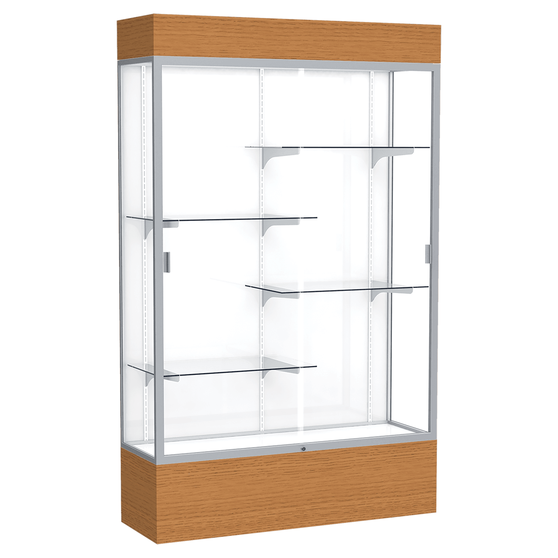 80"H x 48"W x 16"D Carmel Oak Finish, White Laminate Back, Satin Natural Aluminum Frame, Lighted, Reliant Display Case