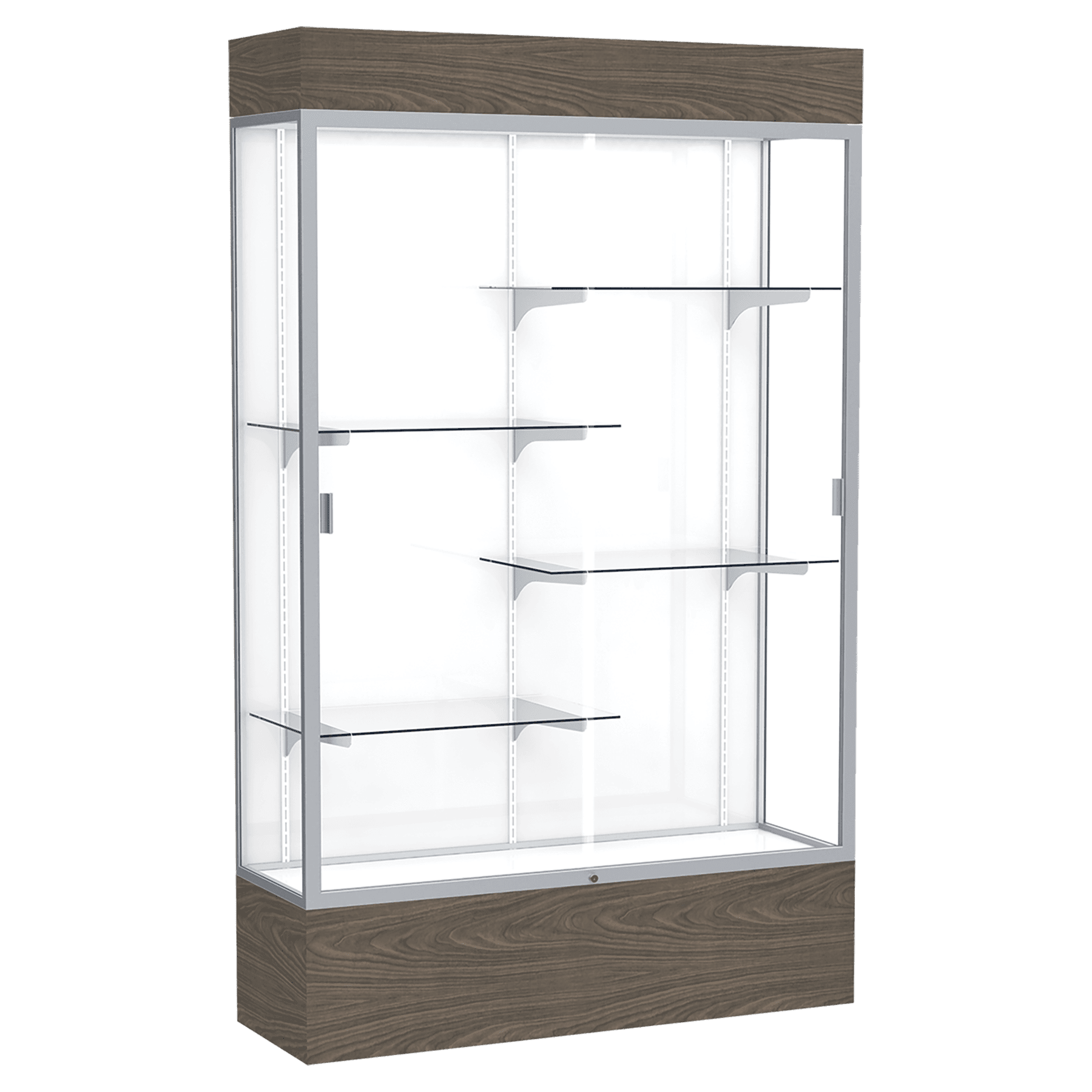 80"H x 48"W x 16"D Walnut Vinyl Finish, White Laminate Back, Satin Natural Aluminum Frame, Lighted, Reliant Display Case