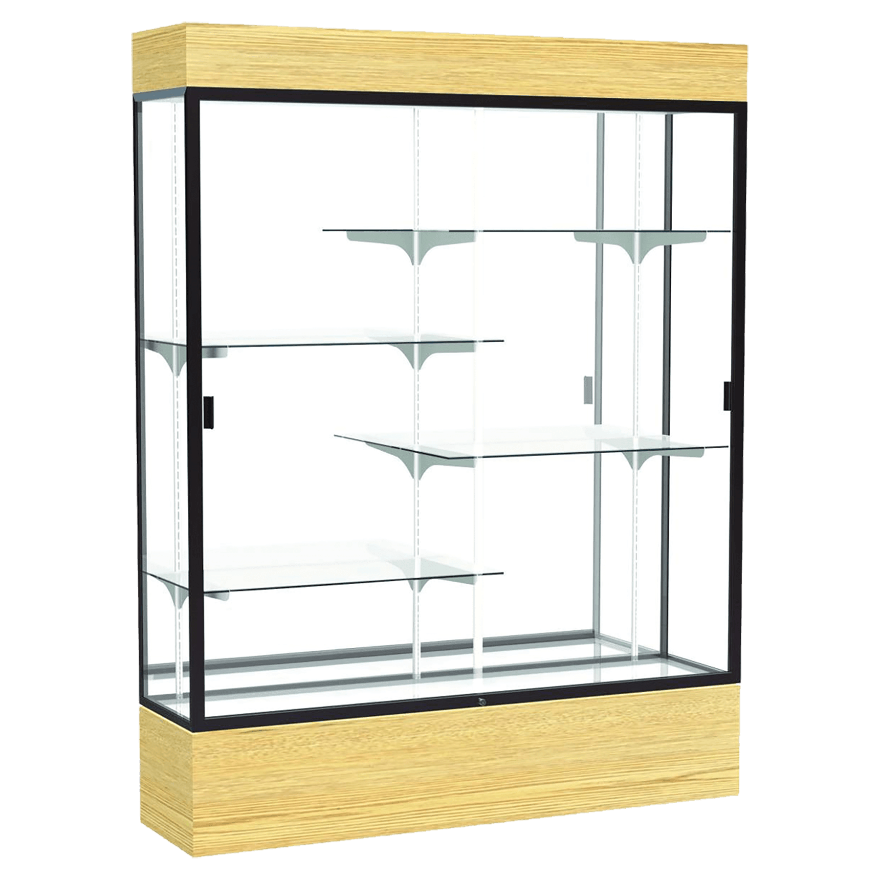 80"H x 60"W x 16"D Light Oak Vinyl Finish, Mirror Back, Dark Bronze Aluminum Frame, Lighted, Reliant Display Case