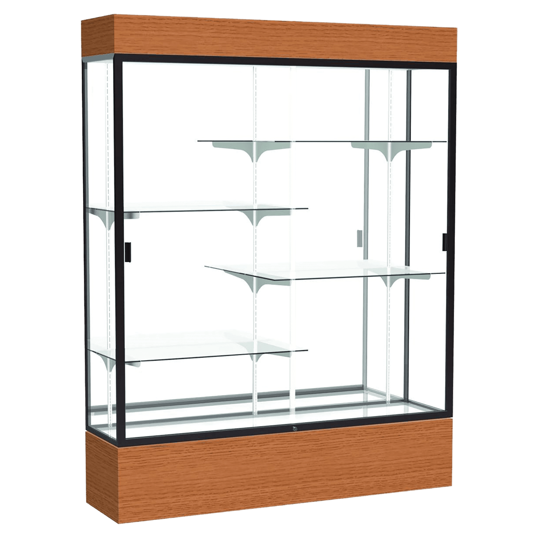 80"H x 60"W x 16"D Carmel Oak Finish, Mirror Back, Dark Bronze Aluminum Frame, Lighted, Reliant Display Case