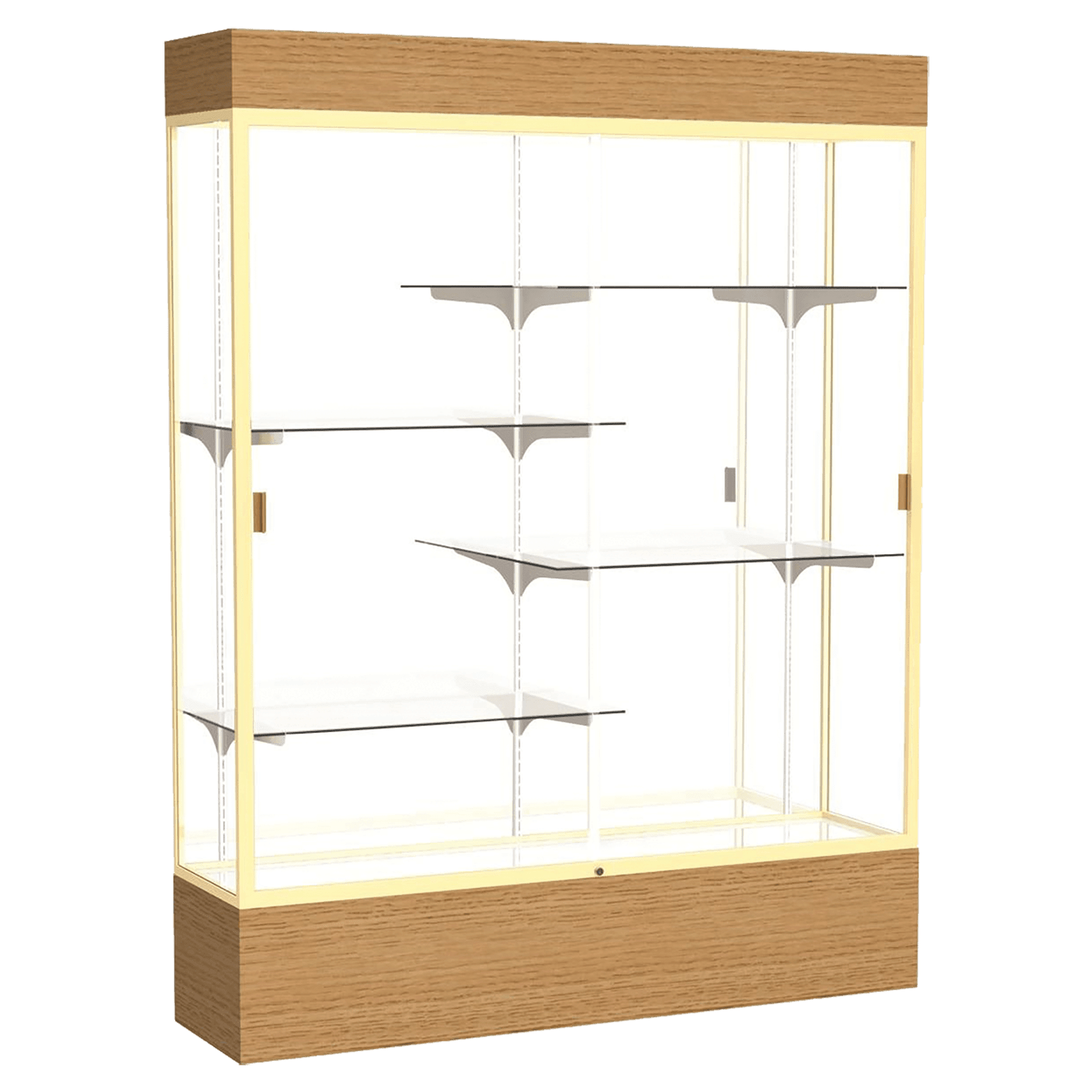 80"H x 60"W x 16"D Natural Oak Finish, Mirror Back, Champagne Aluminum Frame, Lighted, Reliant Display Case
