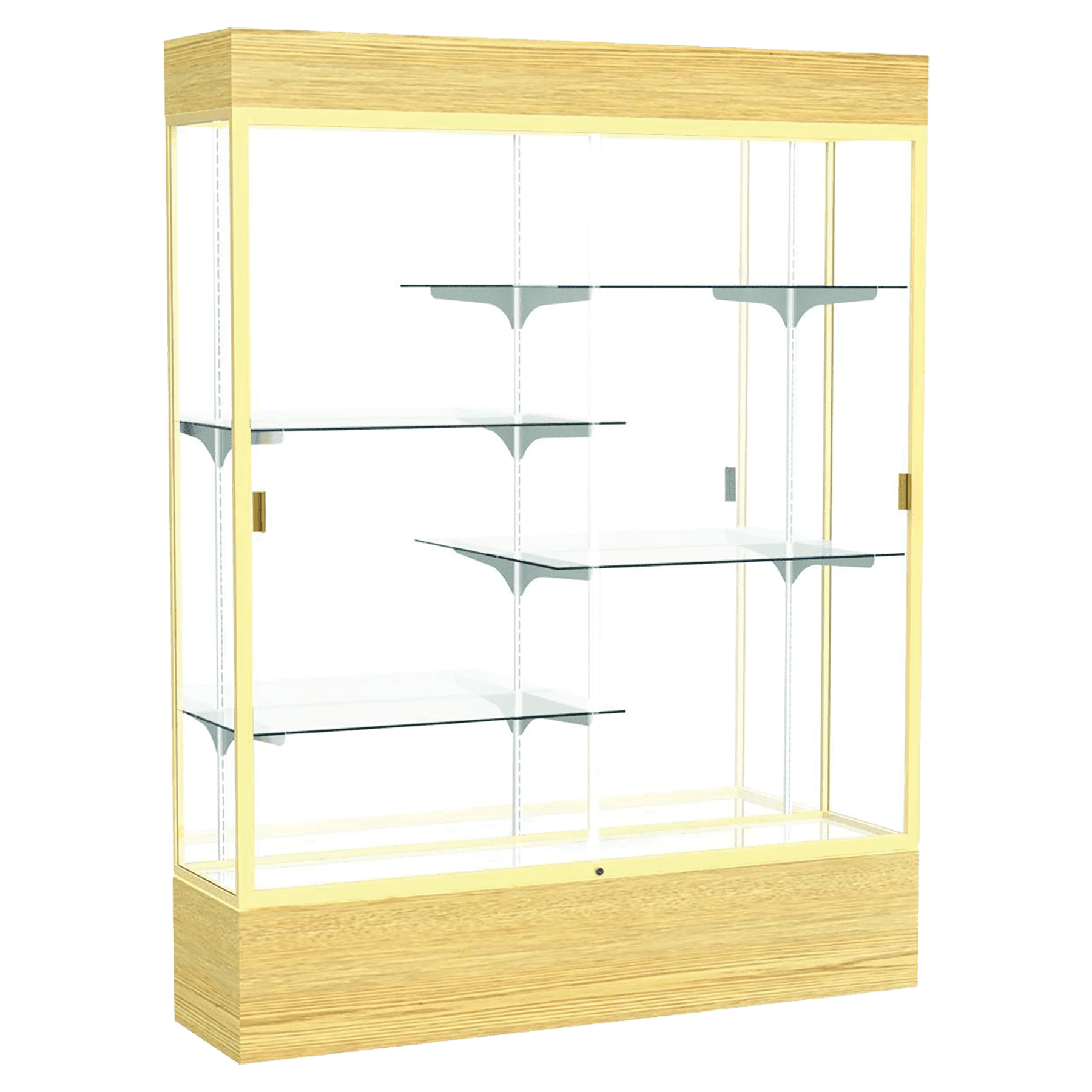 80"H x 60"W x 16"D Light Oak Vinyl Finish, Mirror Back, Champagne Aluminum Frame, Lighted, Reliant Display Case