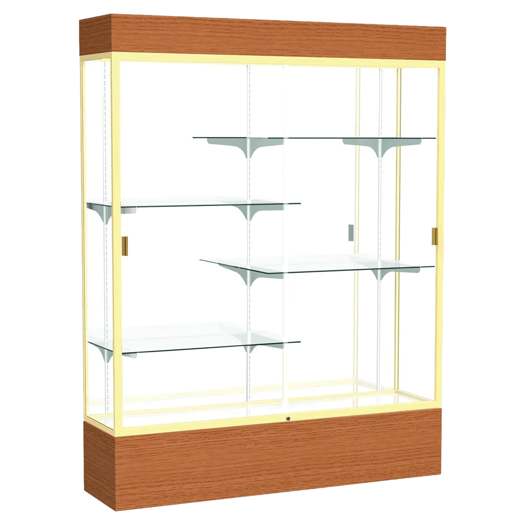80"H x 60"W x 16"D Carmel Oak Finish, Mirror Back, Champagne Aluminum Frame, Lighted, Reliant Display Case
