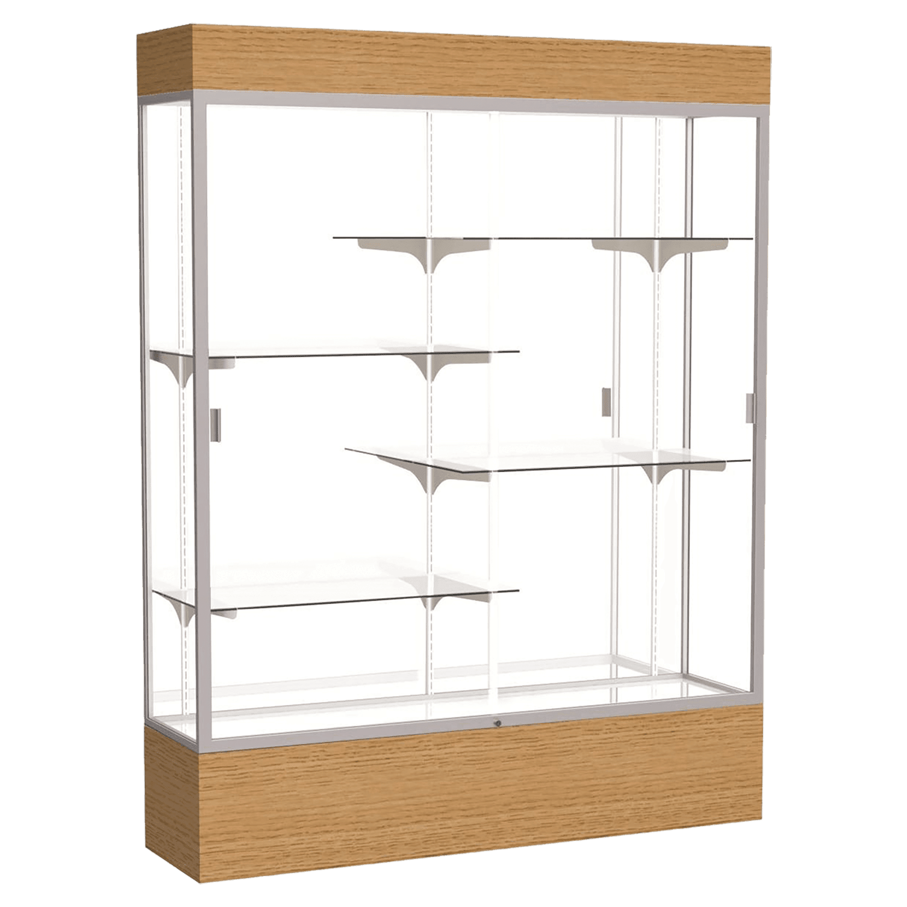 80"H x 60"W x 16"D Natural Oak Finish, Mirror Back, Satin Natural Aluminum Frame, Lighted, Reliant Display Case