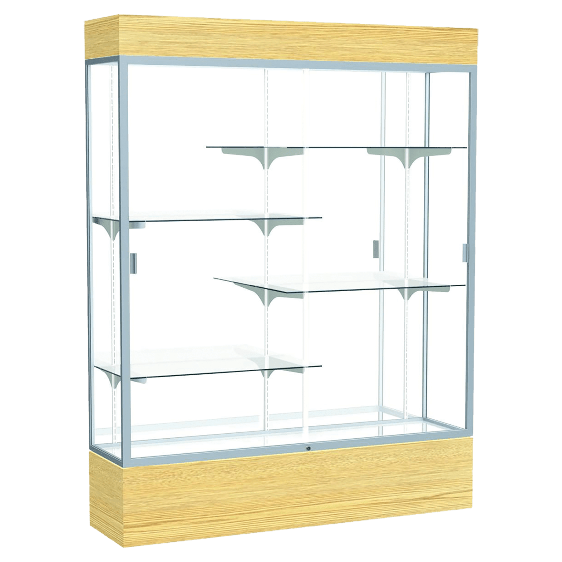 80"H x 60"W x 16"D Light Oak Vinyl Finish, Mirror Back, Satin Natural Aluminum Frame, Lighted, Reliant Display Case