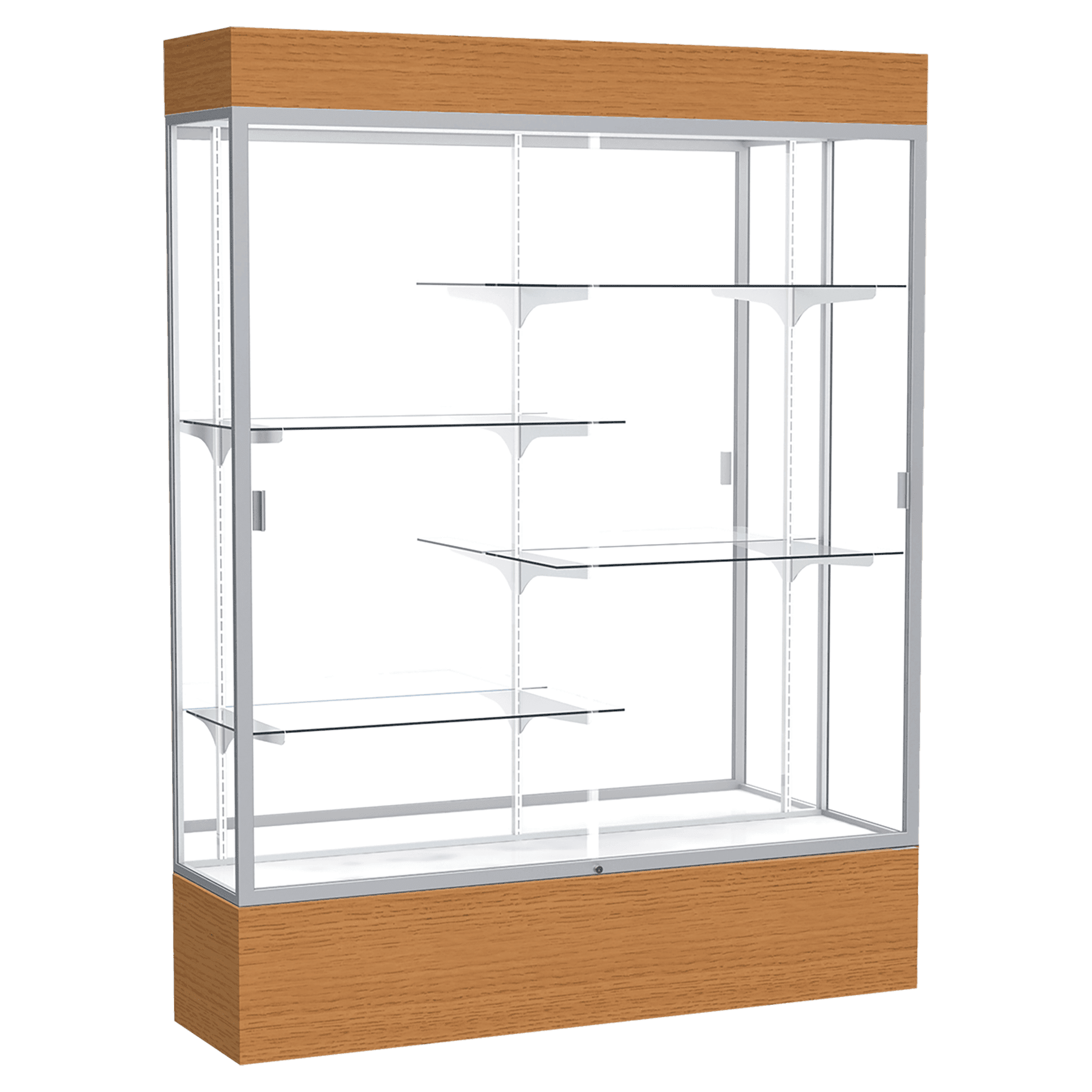 80"H x 60"W x 16"D Carmel Oak Finish, Mirror Back, Satin Natural Aluminum Frame, Lighted, Reliant Display Case