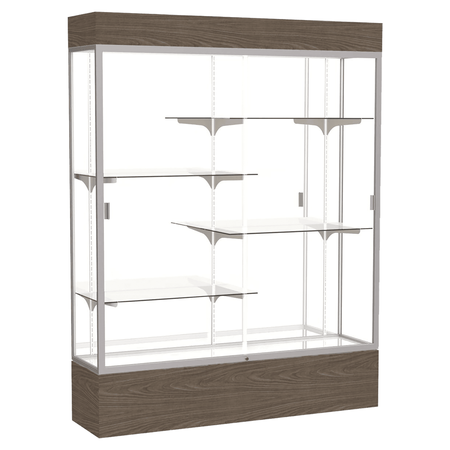 80"H x 60"W x 16"D Walnut Vinyl Finish, Mirror Back, Satin Natural Aluminum Frame, Lighted, Reliant Display Case