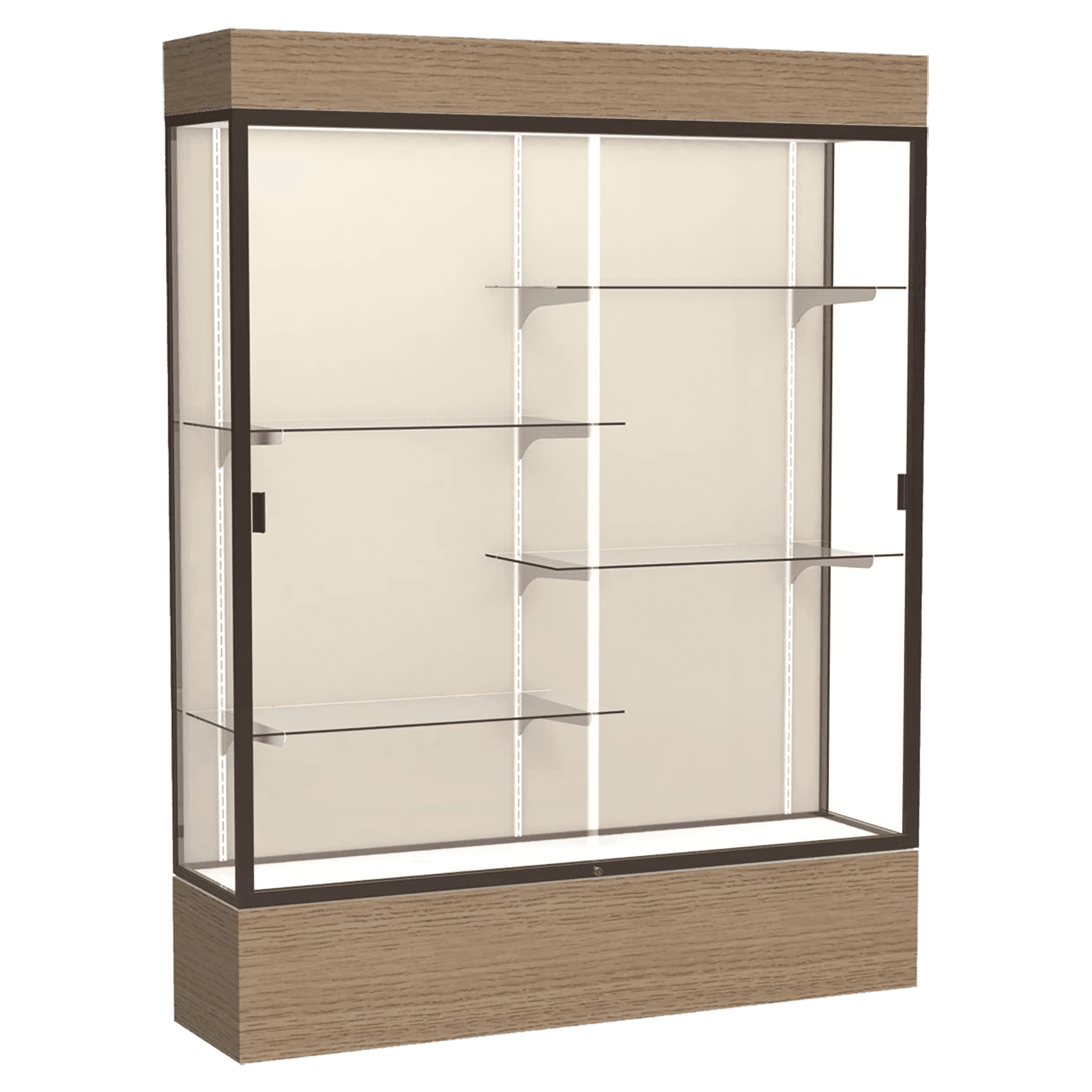 80"H x 60"W x 16"D Natural Oak Finish, Plaque Fabric Back, Dark Bronze Aluminum Frame, Lighted, Reliant Display Case