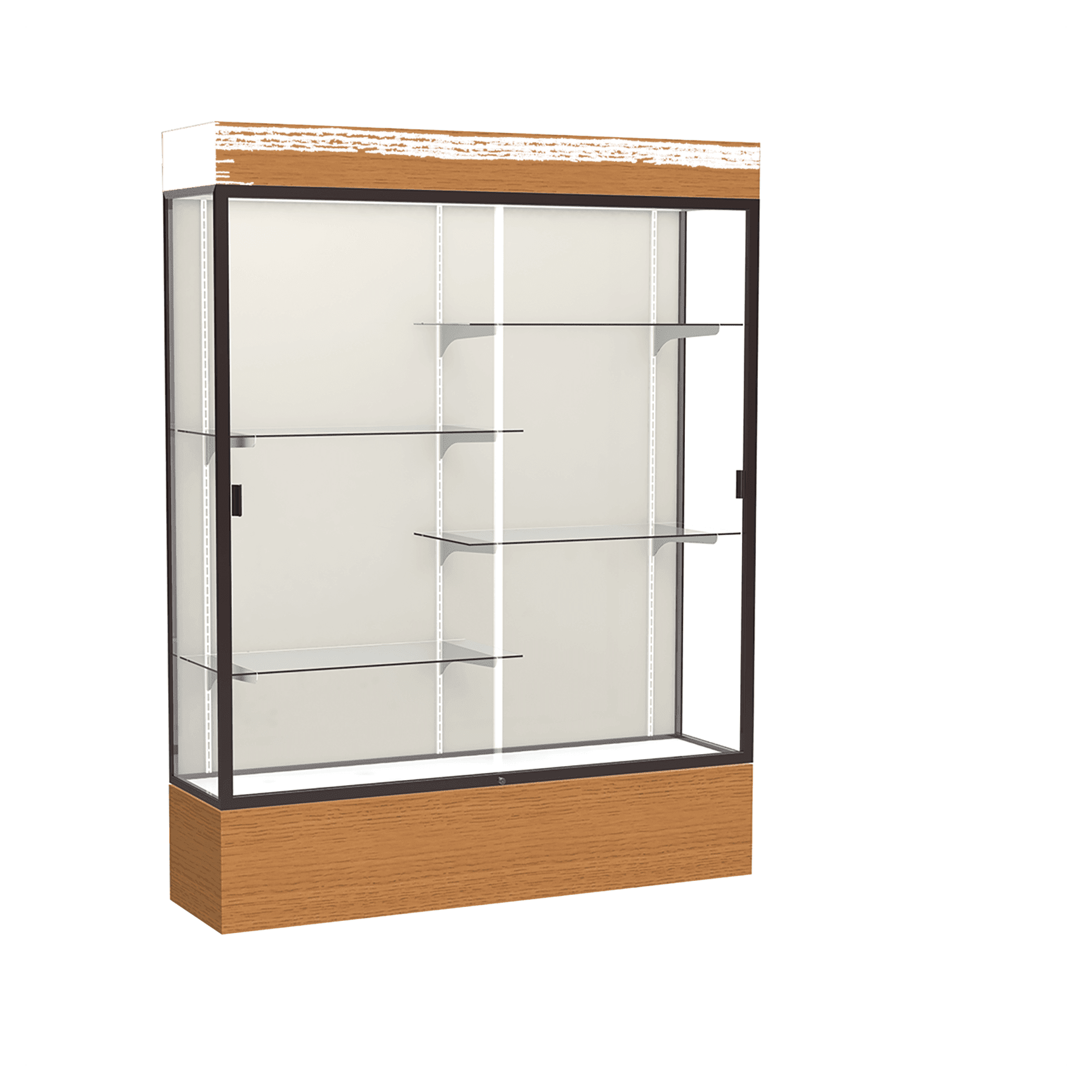 80"H x 60"W x 16"D Carmel Oak Finish, Plaque Fabric Back, Dark Bronze Aluminum Frame, Lighted, Reliant Display Case