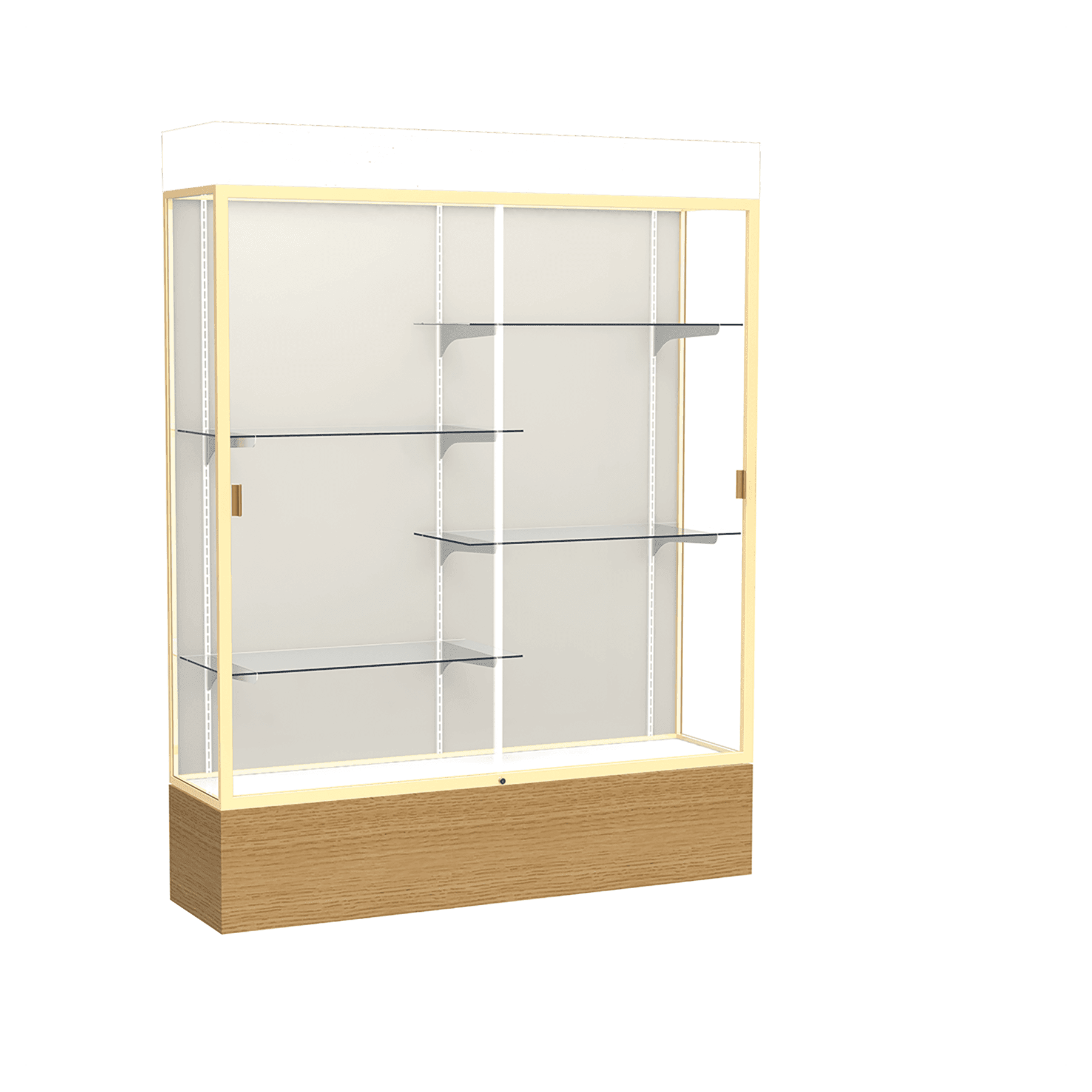 80"H x 60"W x 16"D Natural Oak Finish, Plaque Fabric Back, Champagne Aluminum Frame, Lighted, Reliant Display Case