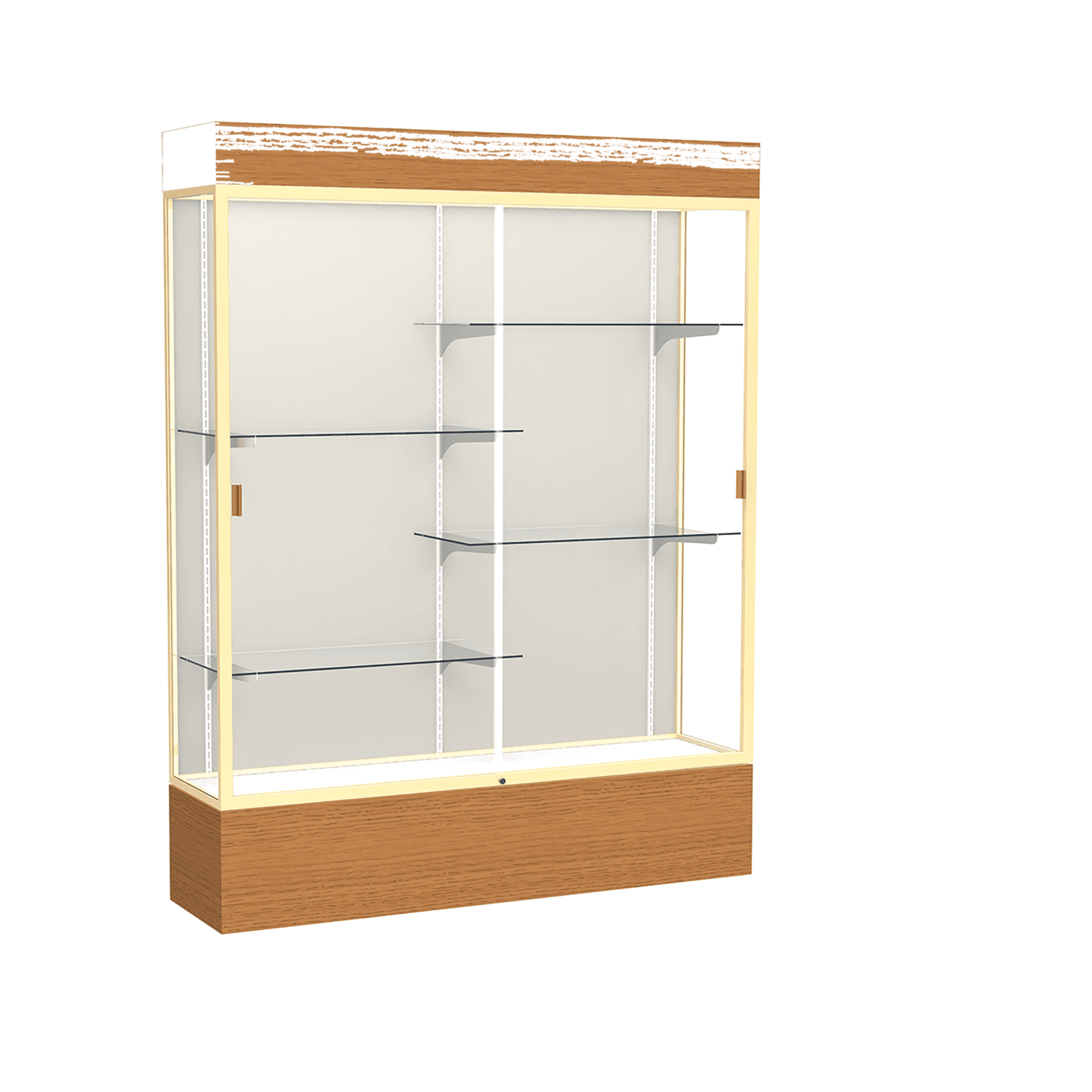 80"H x 60"W x 16"D Carmel Oak Finish, Plaque Fabric Back, Champagne Aluminum Frame, Lighted, Reliant Display Case