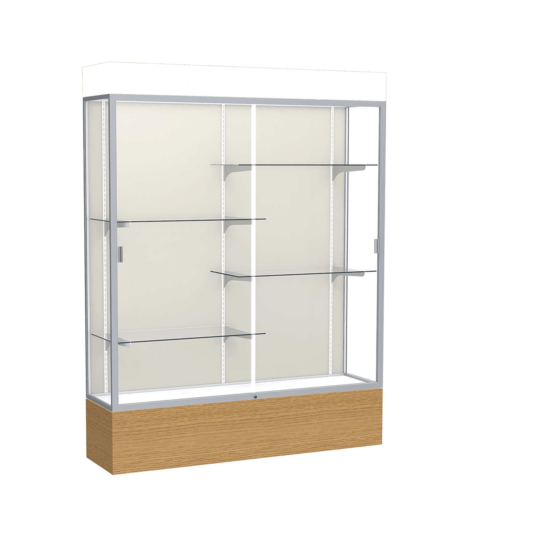 80"H x 60"W x 16"D Natural Oak Finish, Plaque Fabric Back, Satin Natural Aluminum Frame, Lighted, Reliant Display Case
