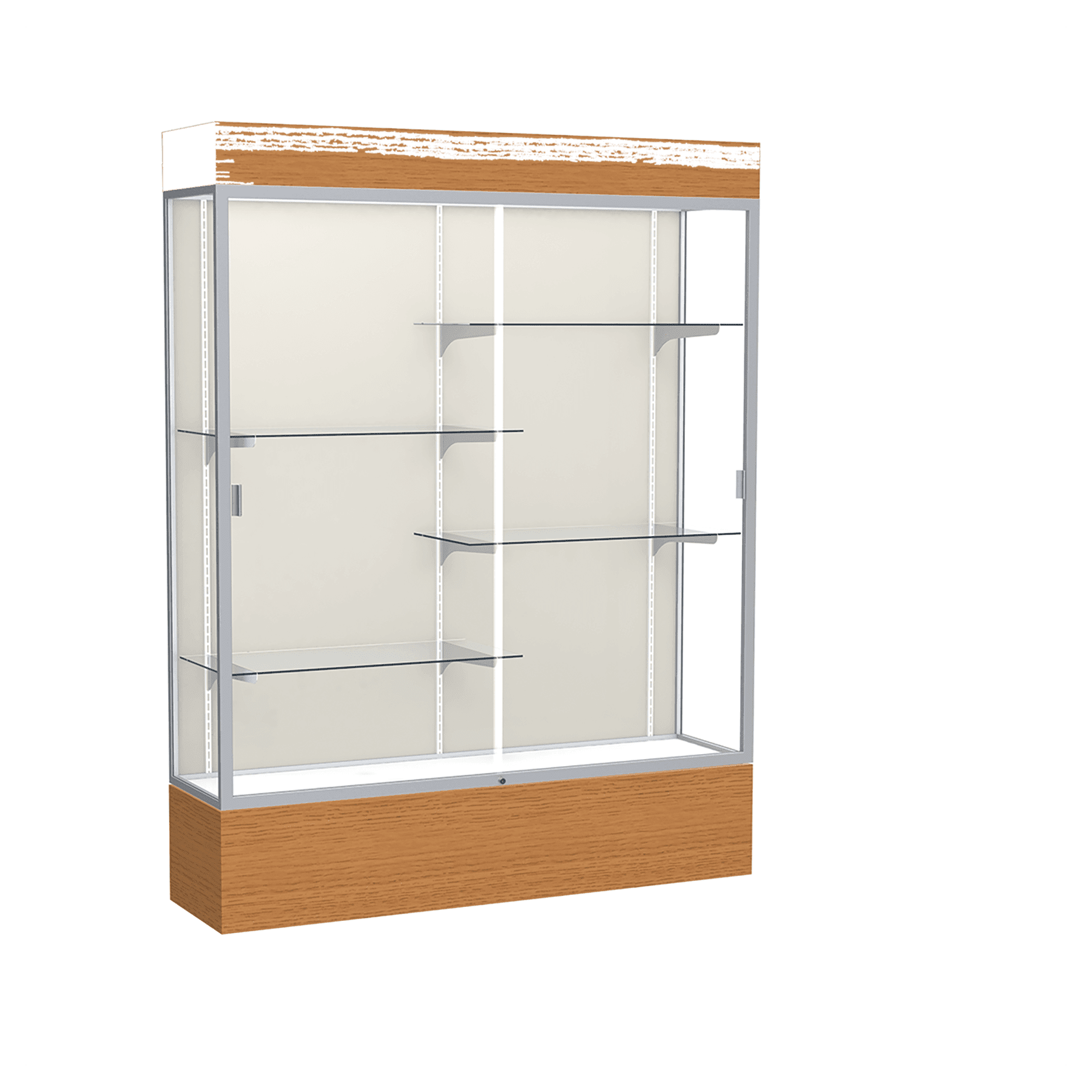 80"H x 60"W x 16"D Carmel Oak Finish, Plaque Fabric Back, Satin Natural Aluminum Frame, Lighted, Reliant Display Case