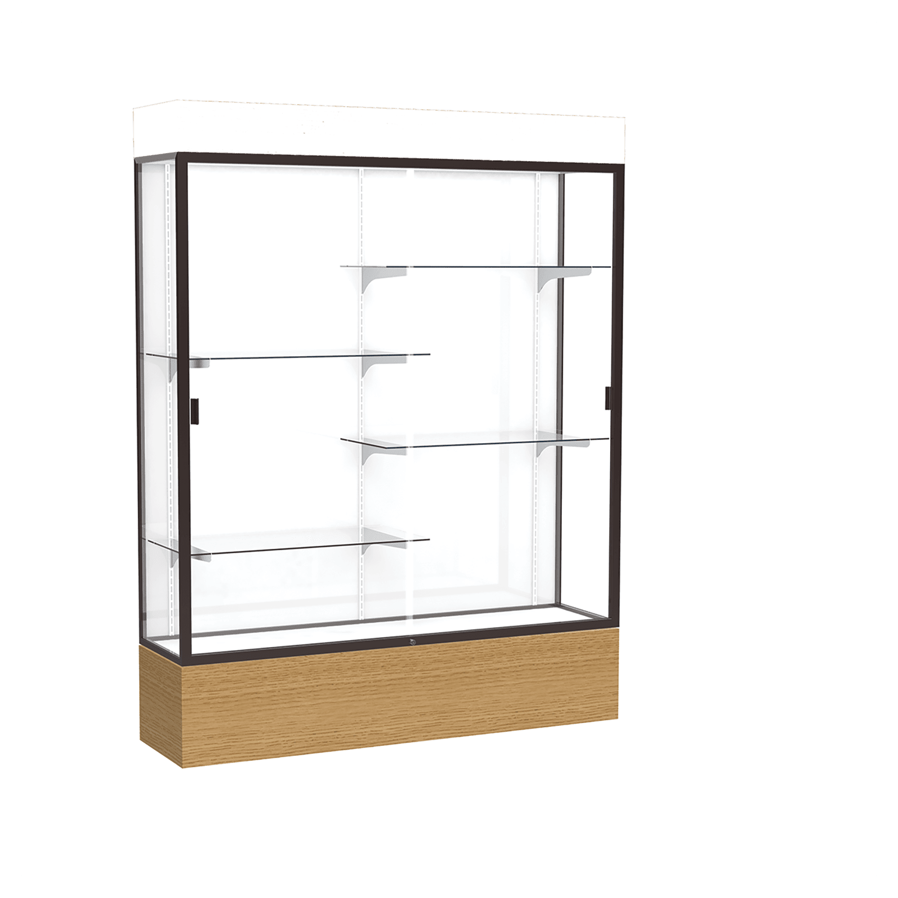 80"H x 60"W x 16"D Natural Oak Finish, White Laminate Back, Dark Bronze Aluminum Frame, Lighted, Reliant Display Case