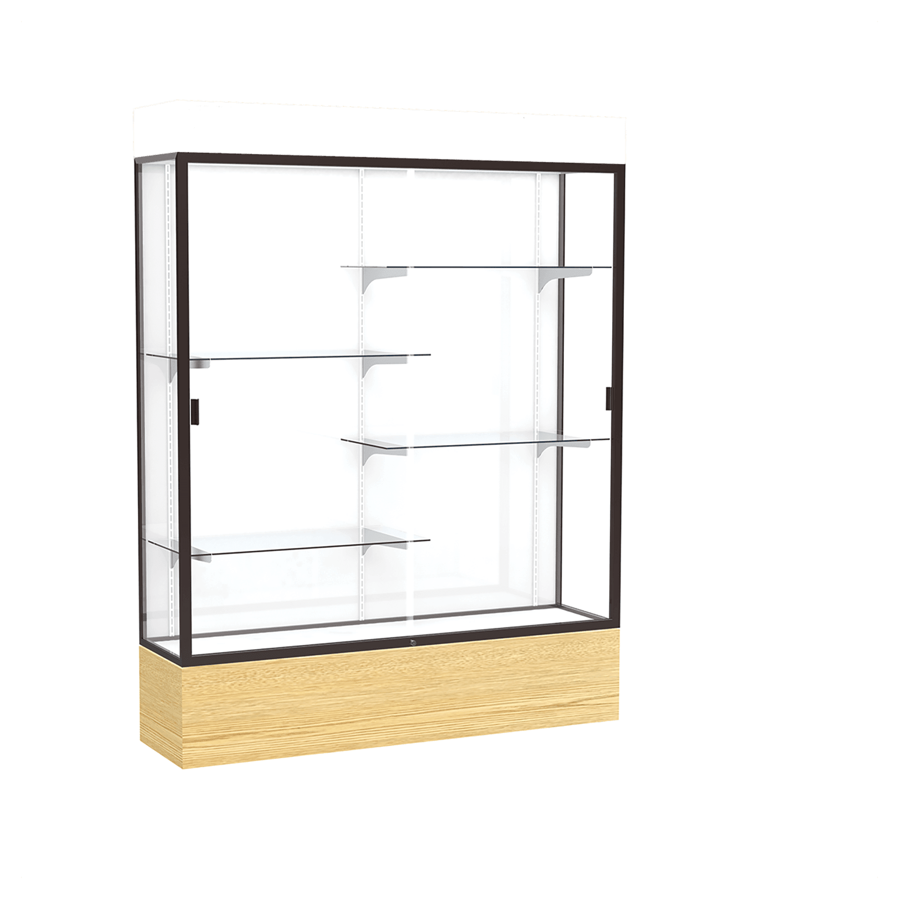 80"H x 60"W x 16"D Light Oak Vinyl Finish, White Laminate Back, Dark Bronze Aluminum Frame, Lighted, Reliant Display Case