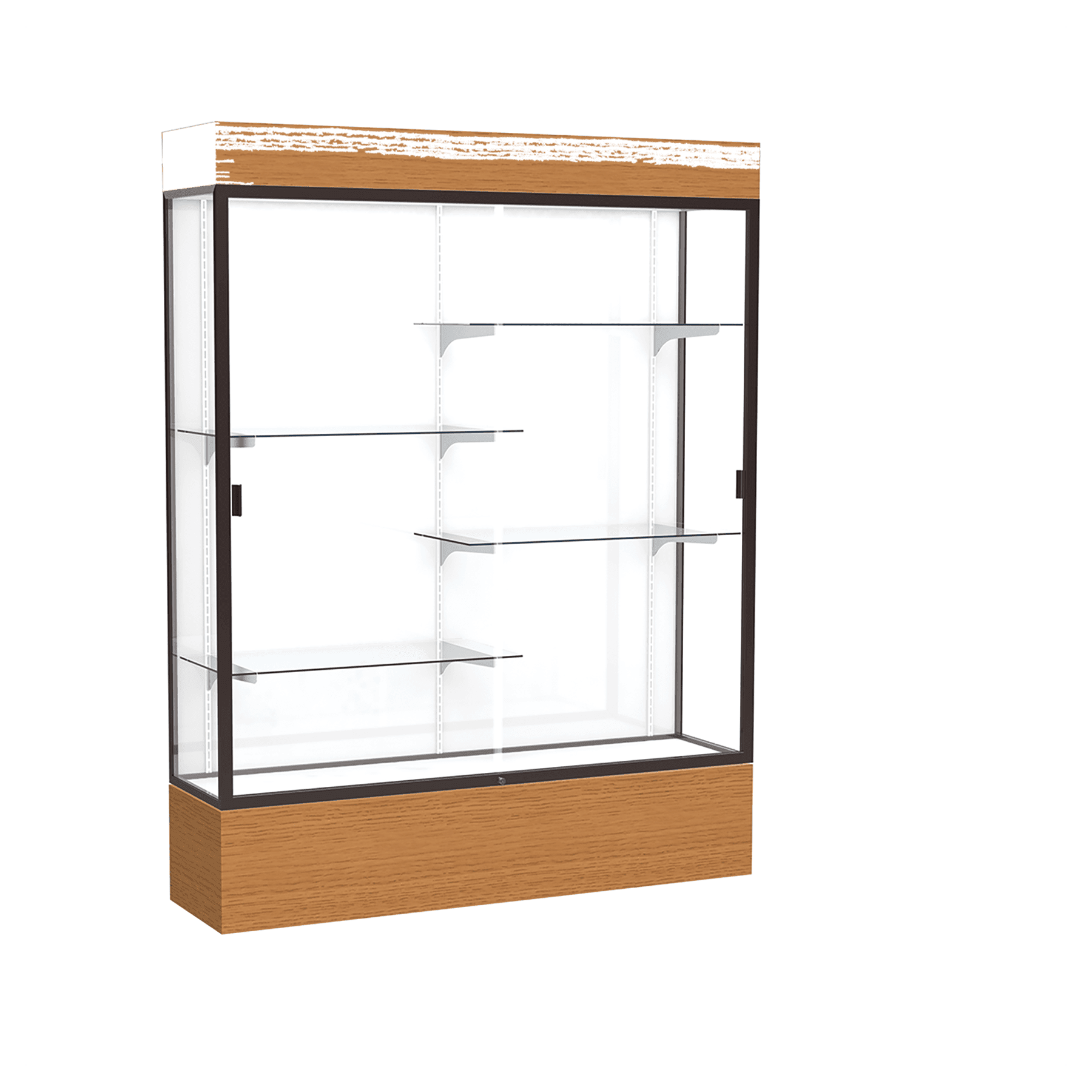 80"H x 60"W x 16"D Carmel Oak Finish, White Laminate Back, Dark Bronze Aluminum Frame, Lighted, Reliant Display Case