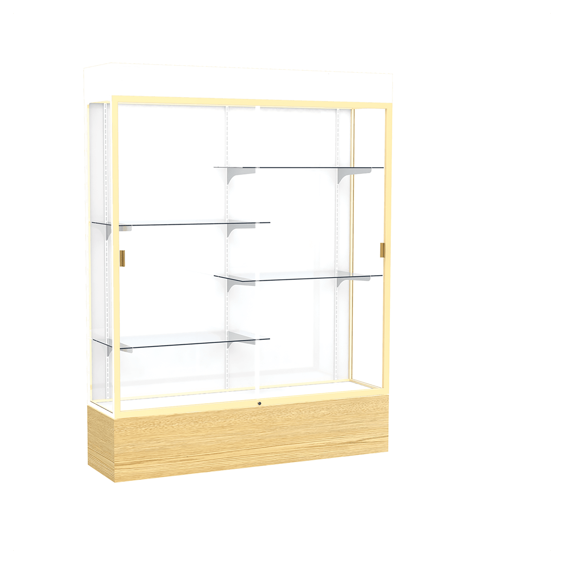 80"H x 60"W x 16"D Light Oak Vinyl Finish, White Laminate Back, Champagne Aluminum Frame, Lighted, Reliant Display Case