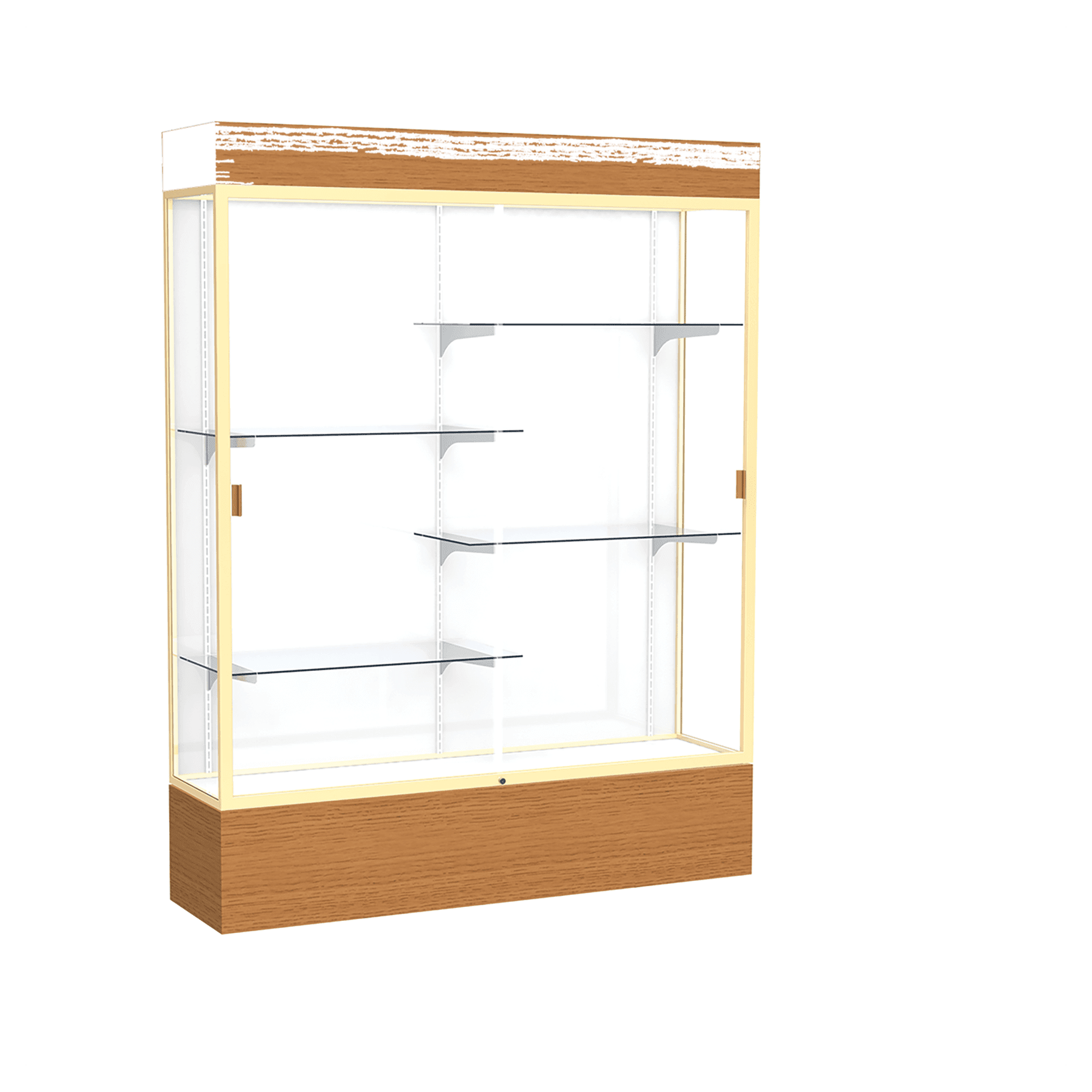 80"H x 60"W x 16"D Carmel Oak Finish, White Laminate Back, Champagne Aluminum Frame, Lighted, Reliant Display Case