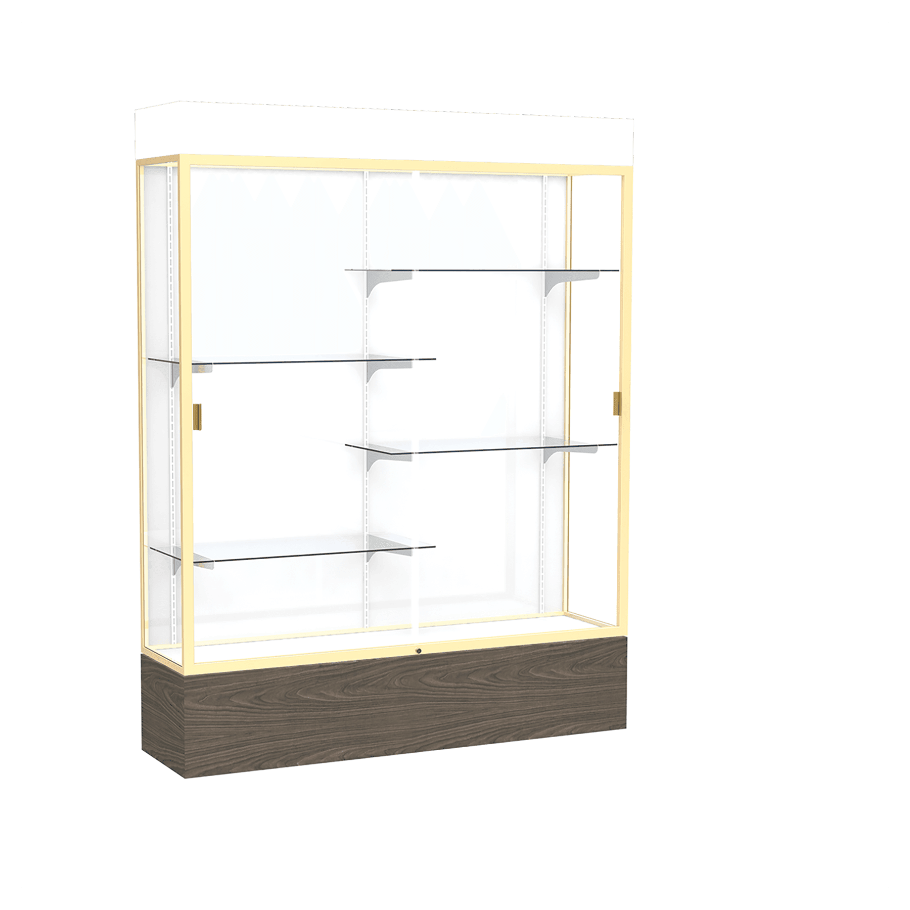 80"H x 60"W x 16"D Walnut Vinyl Finish, White Laminate Back, Champagne Aluminum Frame, Lighted, Reliant Display Case