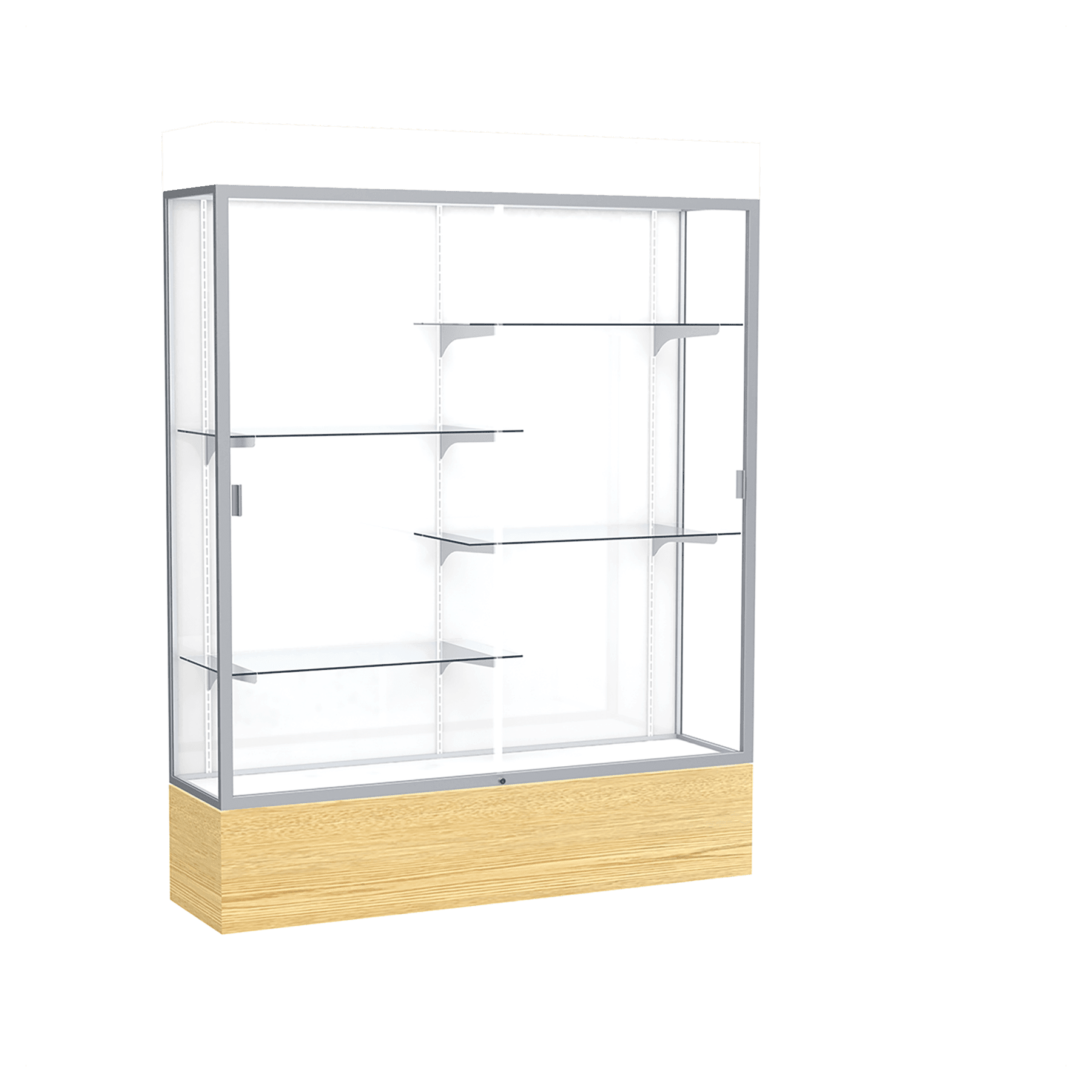 80"H x 60"W x 16"D Light Oak Vinyl Finish, White Laminate Back, Satin Natural Aluminum Frame, Lighted, Reliant Display Case