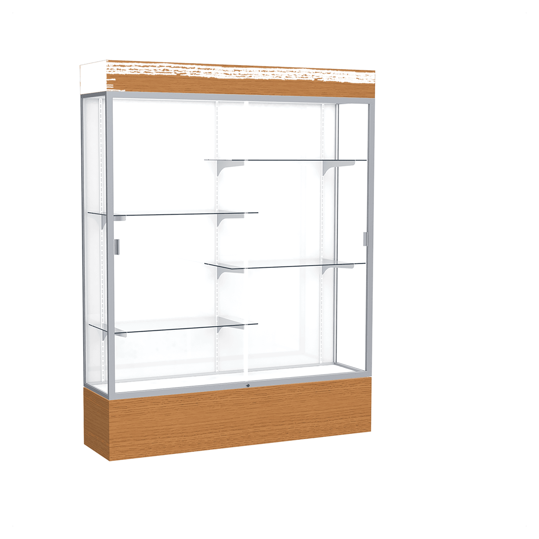 80"H x 60"W x 16"D Carmel Oak Finish, White Laminate Back, Satin Natural Aluminum Frame, Lighted, Reliant Display Case