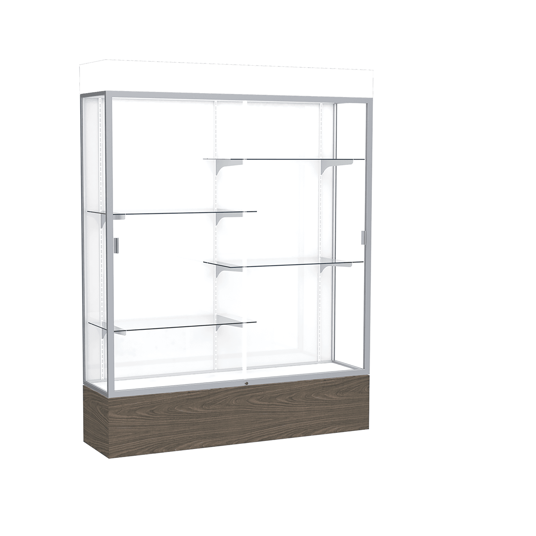 80"H x 60"W x 16"D Walnut Vinyl Finish, White Laminate Back, Satin Natural Aluminum Frame, Lighted, Reliant Display Case