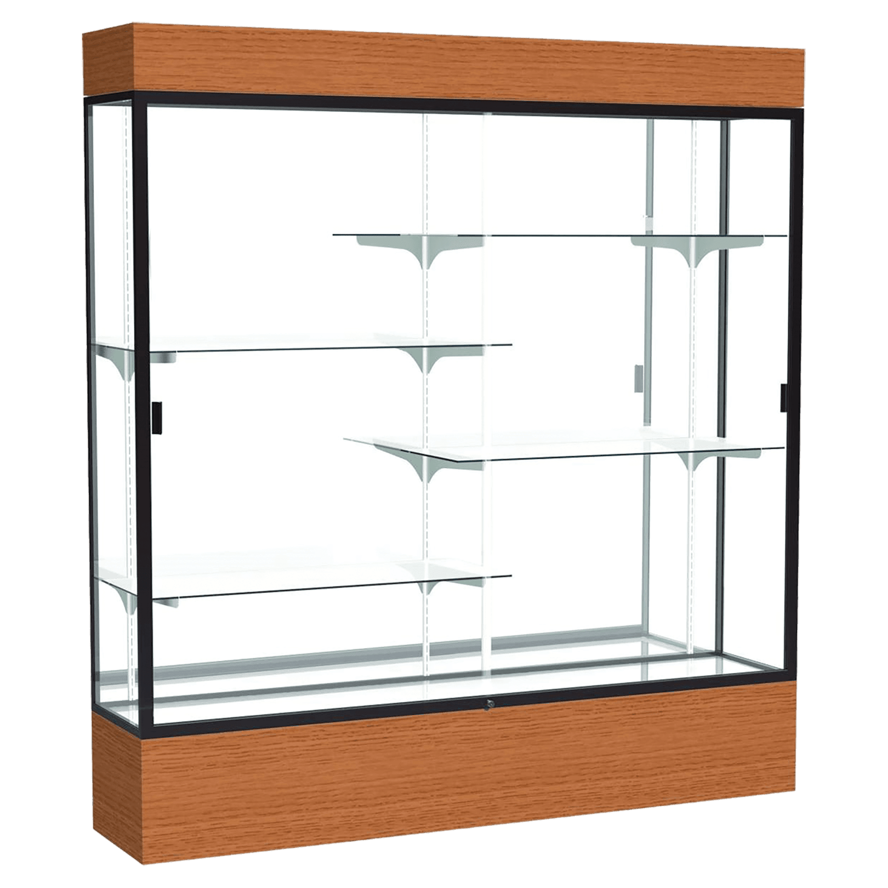 80"H x 72"W x 16"D Carmel Oak Finish, Mirror Back, Dark Bronze Aluminum Frame, Lighted, Reliant Display Case