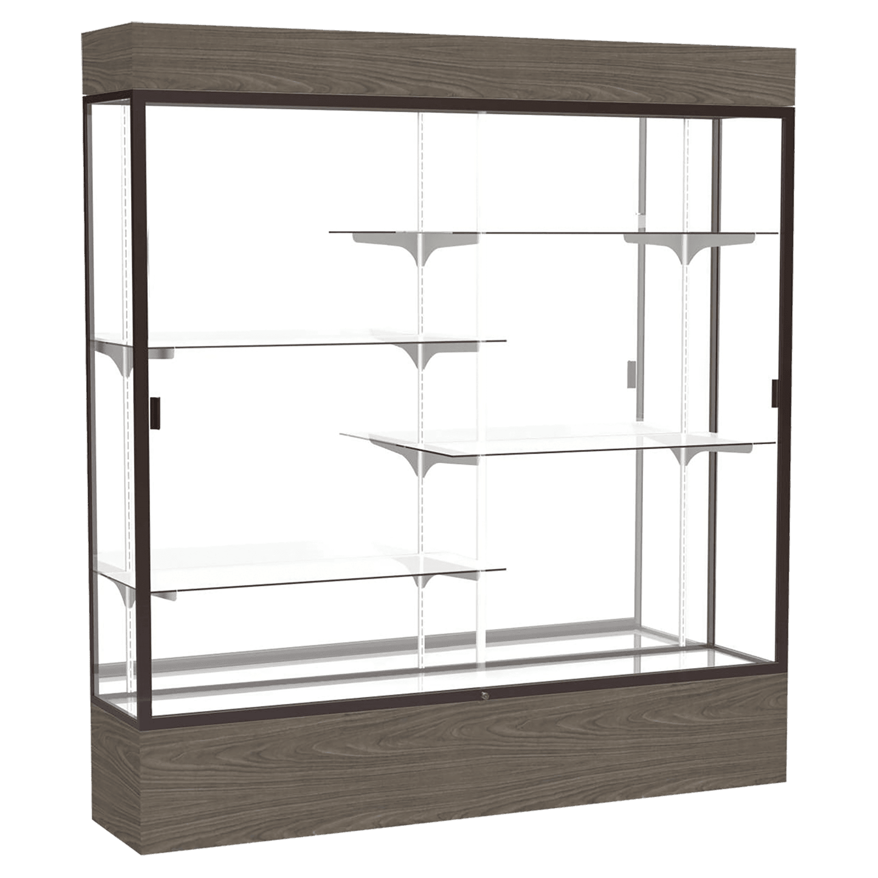 80"H x 72"W x 16"D Walnut Vinyl Finish, Mirror Back, Dark Bronze Aluminum Frame, Lighted, Reliant Display Case