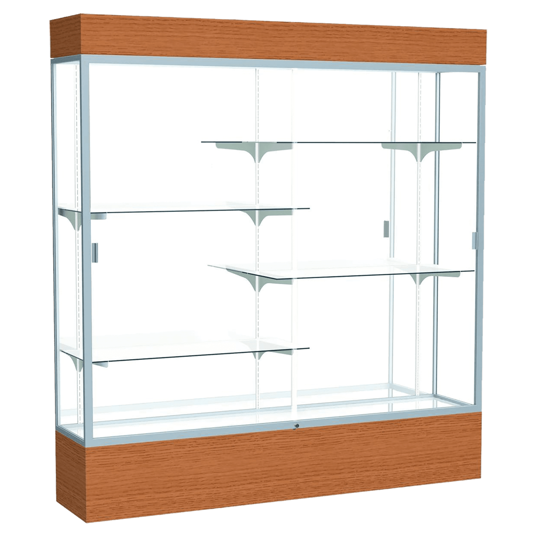 80"H x 72"W x 16"D Carmel Oak Finish, Mirror Back, Satin Natural Aluminum Frame, Lighted, Reliant Display Case