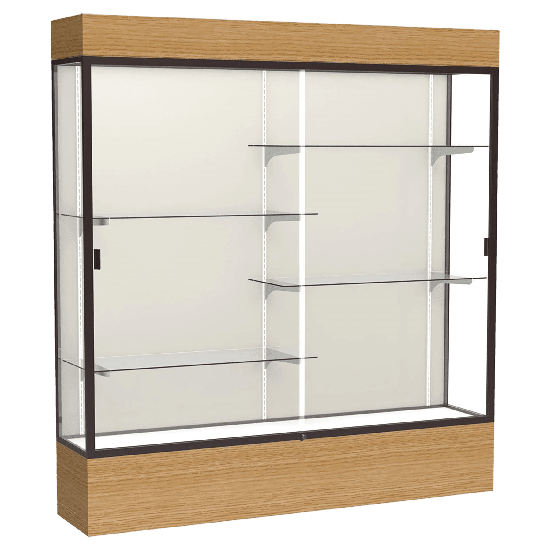 80"H x 72"W x 16"D Natural Oak Finish, Plaque Fabric Back, Dark Bronze Aluminum Frame, Lighted, Reliant Display Case