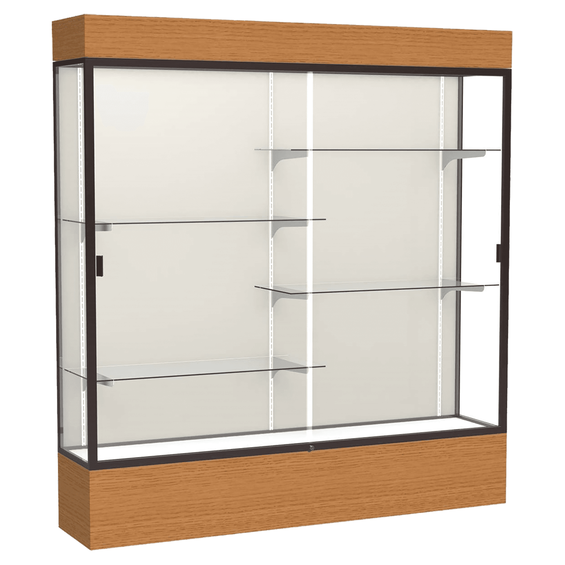 80"H x 72"W x 16"D Carmel Oak Finish, Plaque Fabric Back, Dark Bronze Aluminum Frame, Lighted, Reliant Display Case
