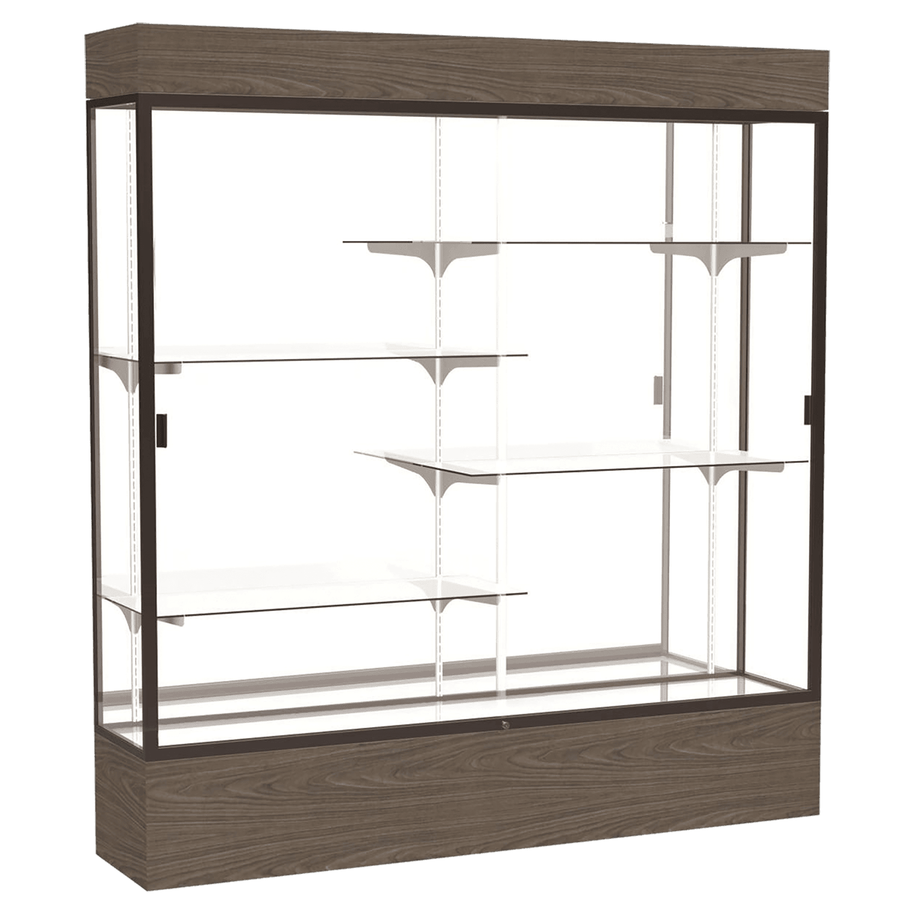 80"H x 72"W x 16"D Walnut Vinyl Finish, Plaque Fabric Back, Dark Bronze Aluminum Frame, Lighted, Reliant Display Case