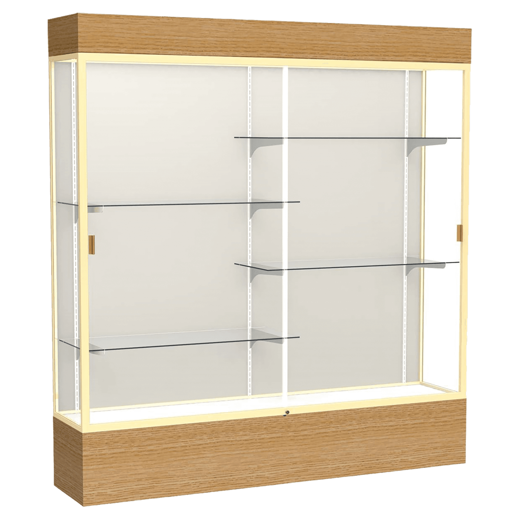 80"H x 72"W x 16"D Natural Oak Finish, Plaque Fabric Back, Champagne Aluminum Frame, Lighted, Reliant Display Case