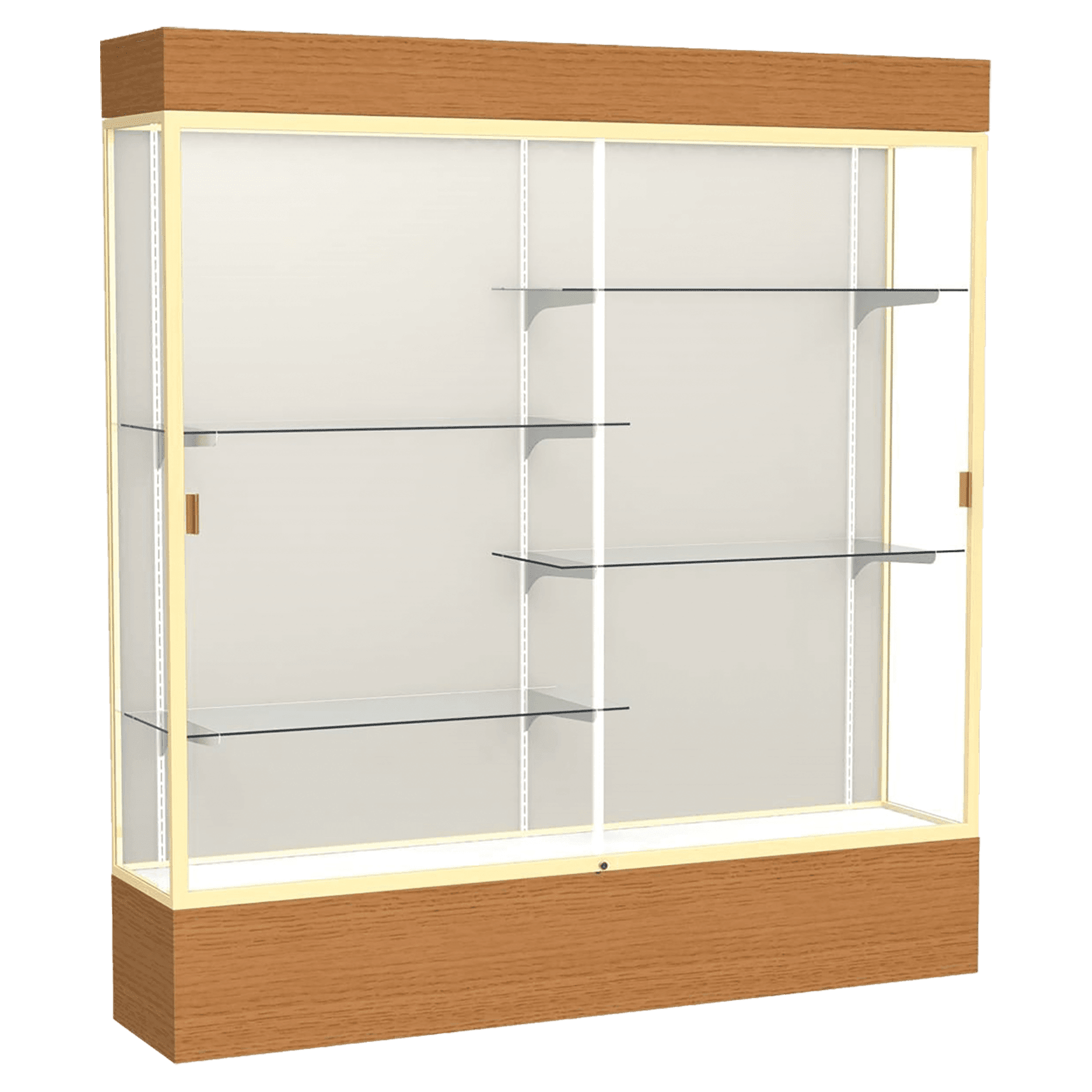 80"H x 72"W x 16"D Carmel Oak Finish, Plaque Fabric Back, Champagne Aluminum Frame, Lighted, Reliant Display Case