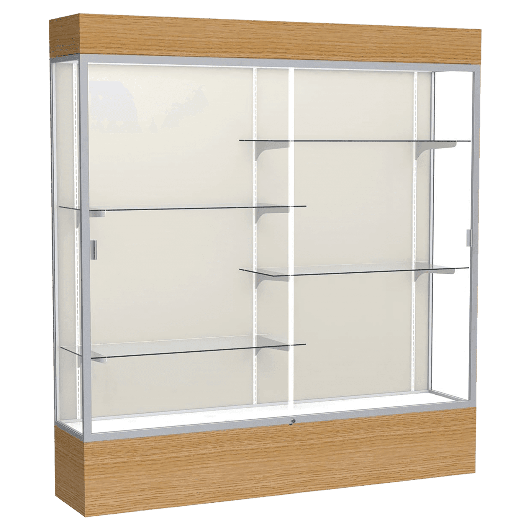 80"H x 72"W x 16"D Natural Oak Finish, Plaque Fabric Back, Satin Natural Aluminum Frame, Lighted, Reliant Display Case