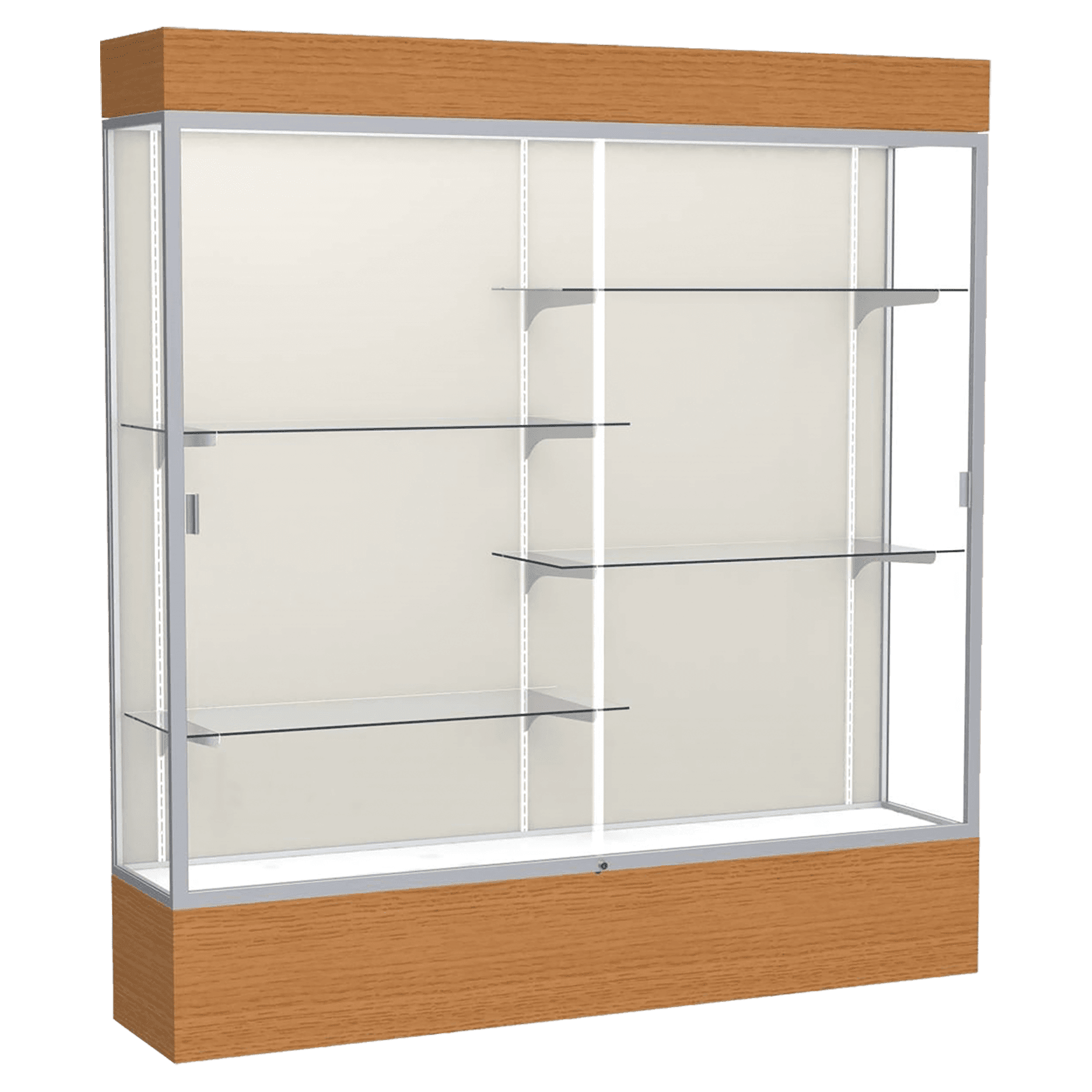 80"H x 72"W x 16"D Carmel Oak Finish, Plaque Fabric Back, Satin Natural Aluminum Frame, Lighted, Reliant Display Case