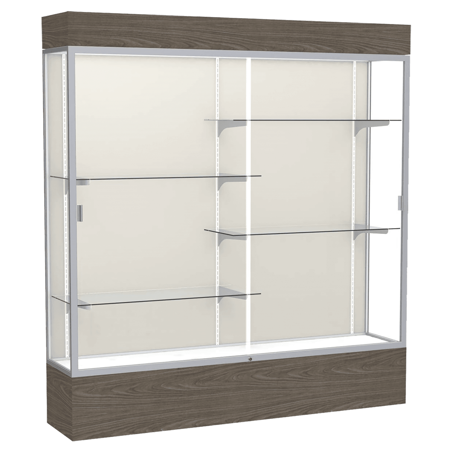 80"H x 72"W x 16"D Walnut Vinyl Finish, Plaque Fabric Back, Satin Natural Aluminum Frame, Lighted, Reliant Display Case