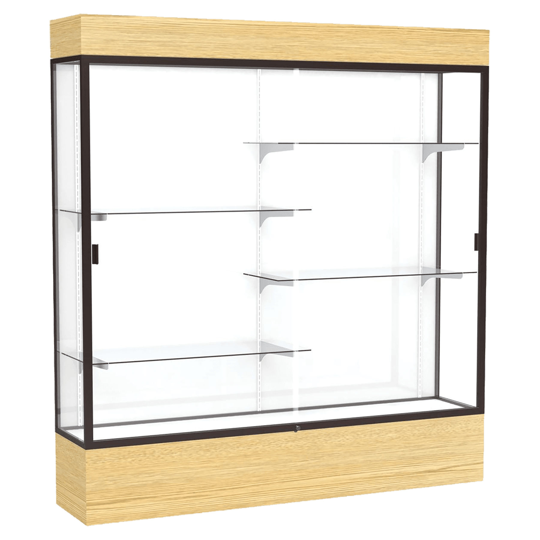 80"H x 72"W x 16"D Light Oak Vinyl Finish, White Laminate Back, Dark Bronze Aluminum Frame, Lighted, Reliant Display Case