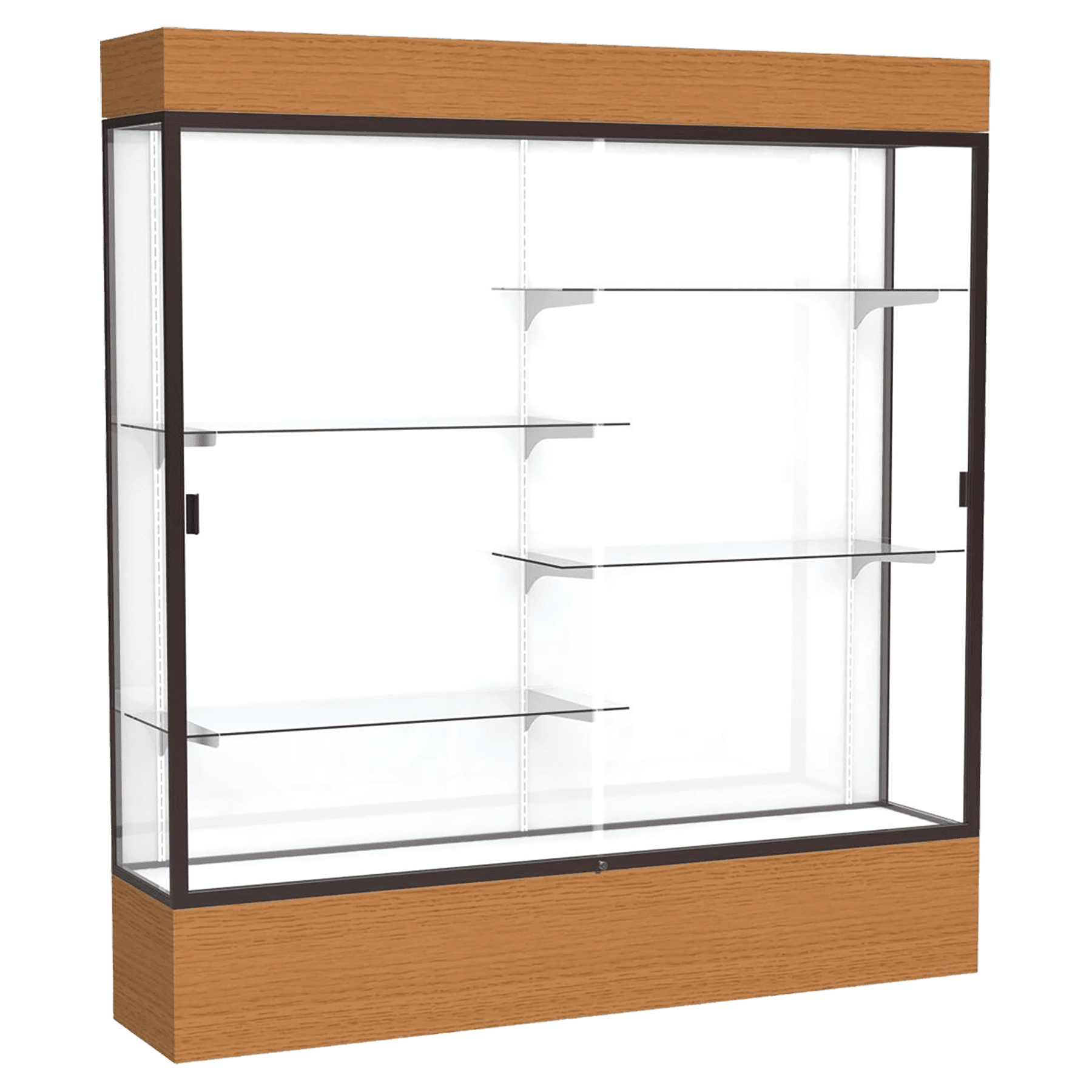 80"H x 72"W x 16"D Carmel Oak Finish, White Laminate Back, Dark Bronze Aluminum Frame, Lighted, Reliant Display Case