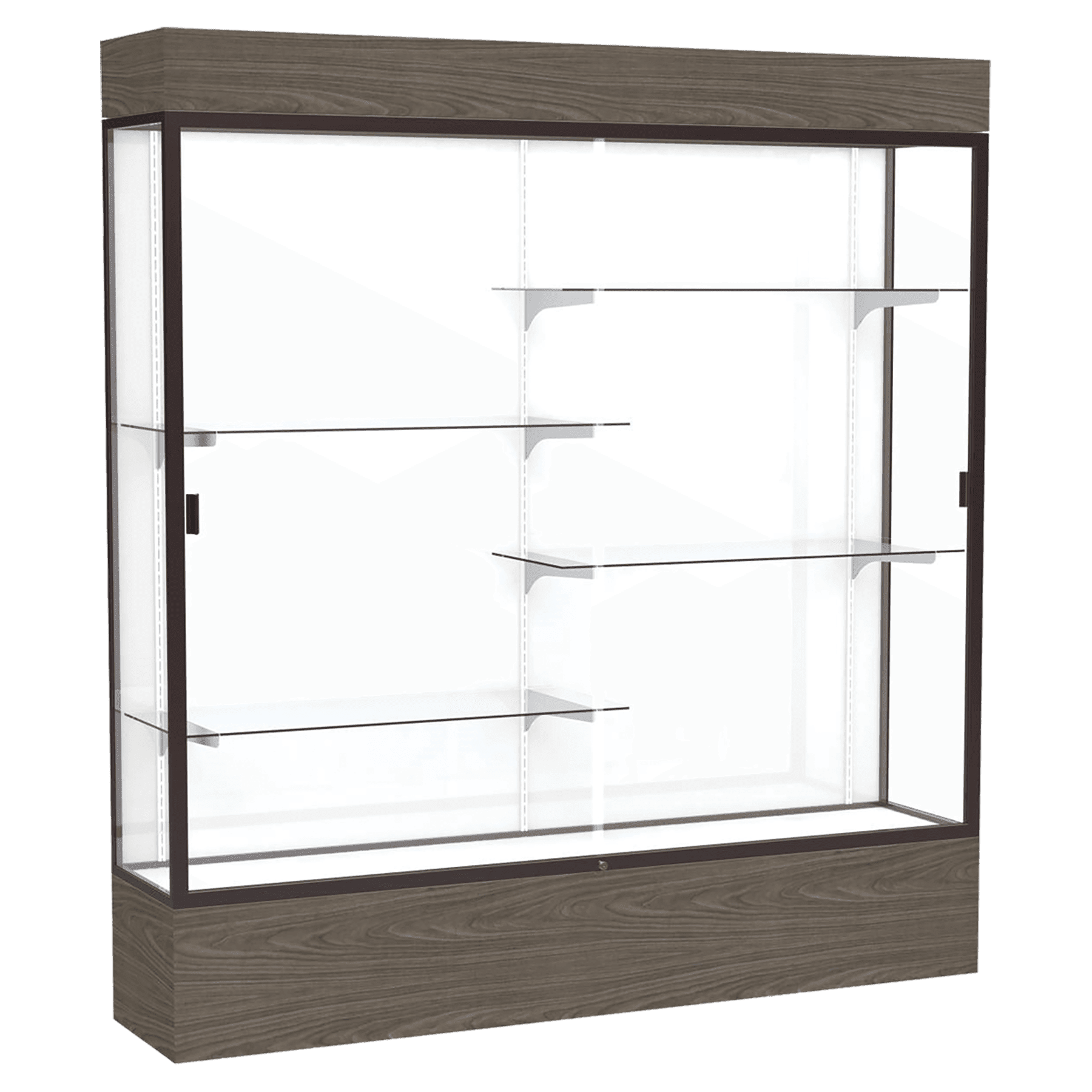 80"H x 72"W x 16"D Walnut Vinyl Finish, White Laminate Back, Dark Bronze Aluminum Frame, Lighted, Reliant Display Case
