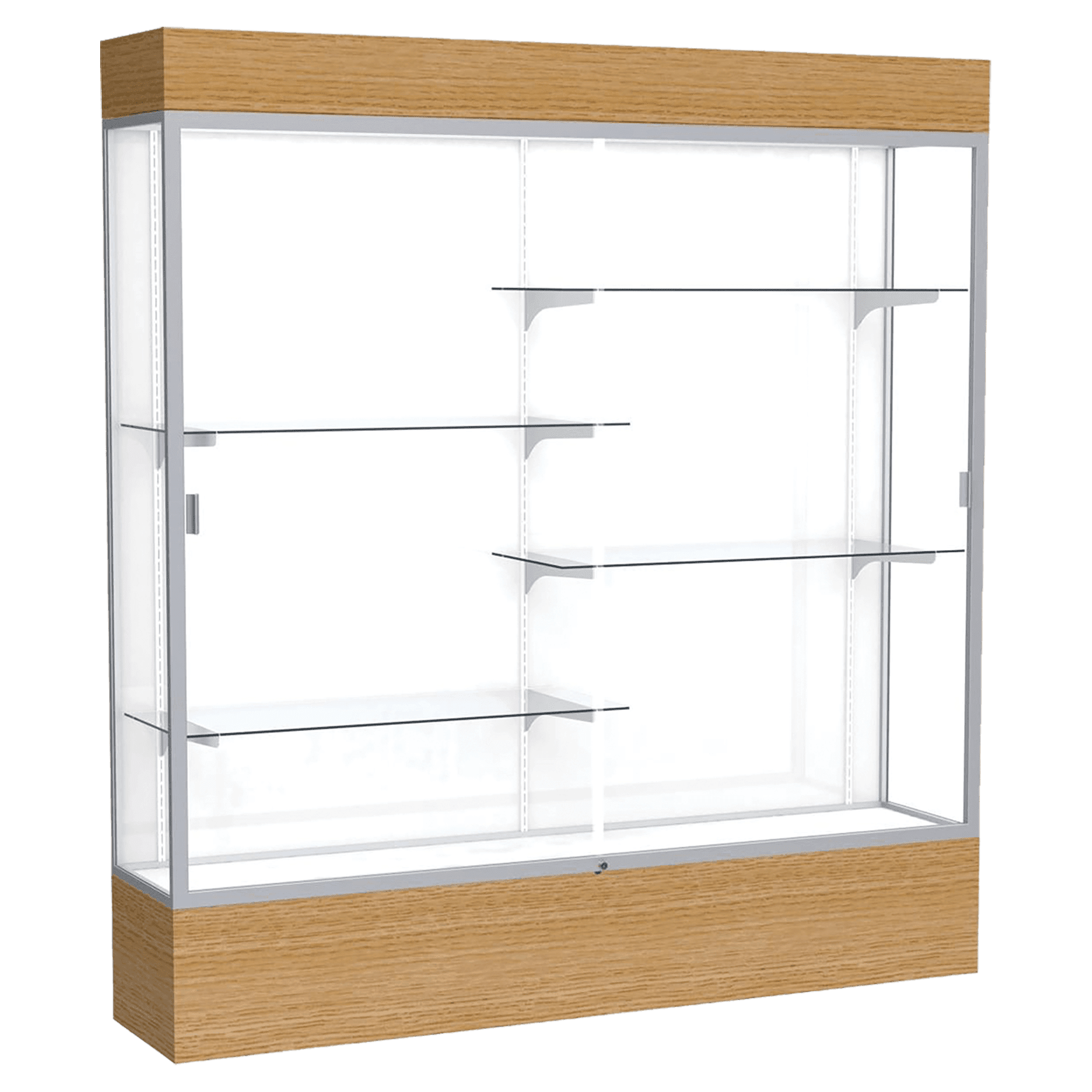 80"H x 72"W x 16"D Natural Oak Finish, White Laminate Back, Satin Natural Aluminum Frame, Lighted, Reliant Display Case