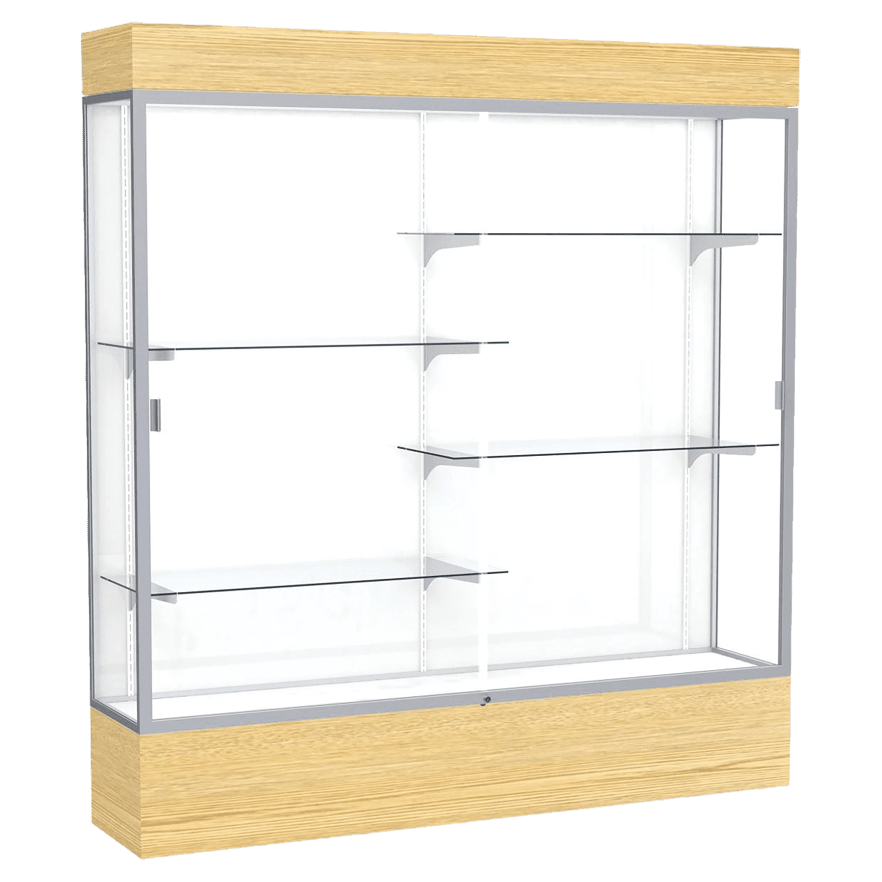 80"H x 72"W x 16"D Light Oak Vinyl Finish, White Laminate Back, Satin Natural Aluminum Frame, Lighted, Reliant Display Case
