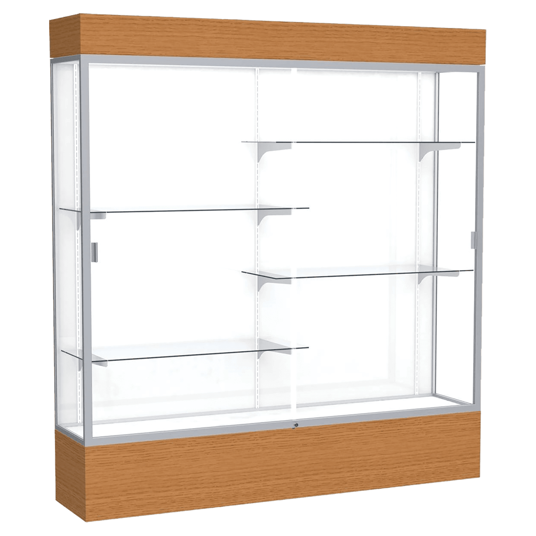 80"H x 72"W x 16"D Carmel Oak Finish, White Laminate Back, Satin Natural Aluminum Frame, Lighted, Reliant Display Case